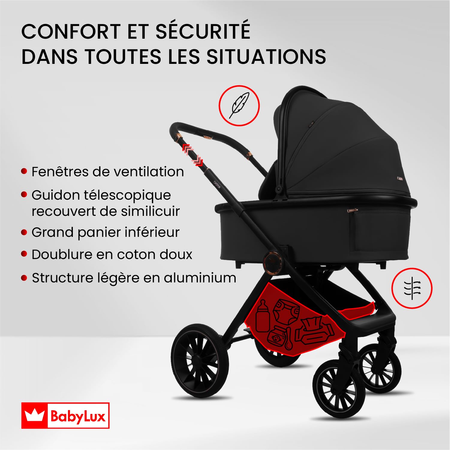BabyLux® Poussette 2en1 CASTOR, Pliable Set De Poussettes Combinées Légères