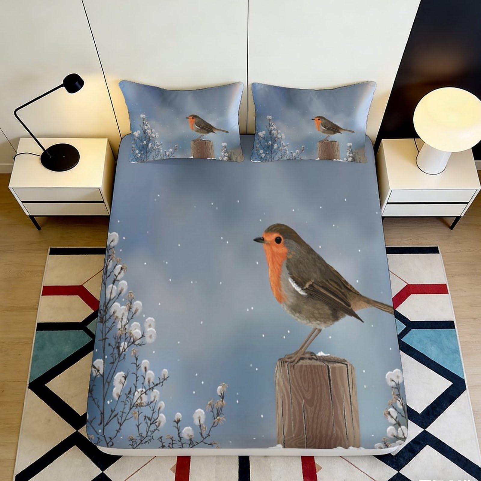 Pnayamiorkfel Style-1 3D Printed Robin Snowy Branches Fitted Sheet Microfiber Soft Blue Bed Cover For Bedroom Dorm Decoration 90X200x25cm
