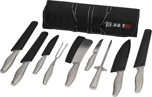 Ross Henery Professional Japanese Style Premium Stainless Steel 9 Piece Chefs Knife Set with Protective sheaths in Canvas Carry case