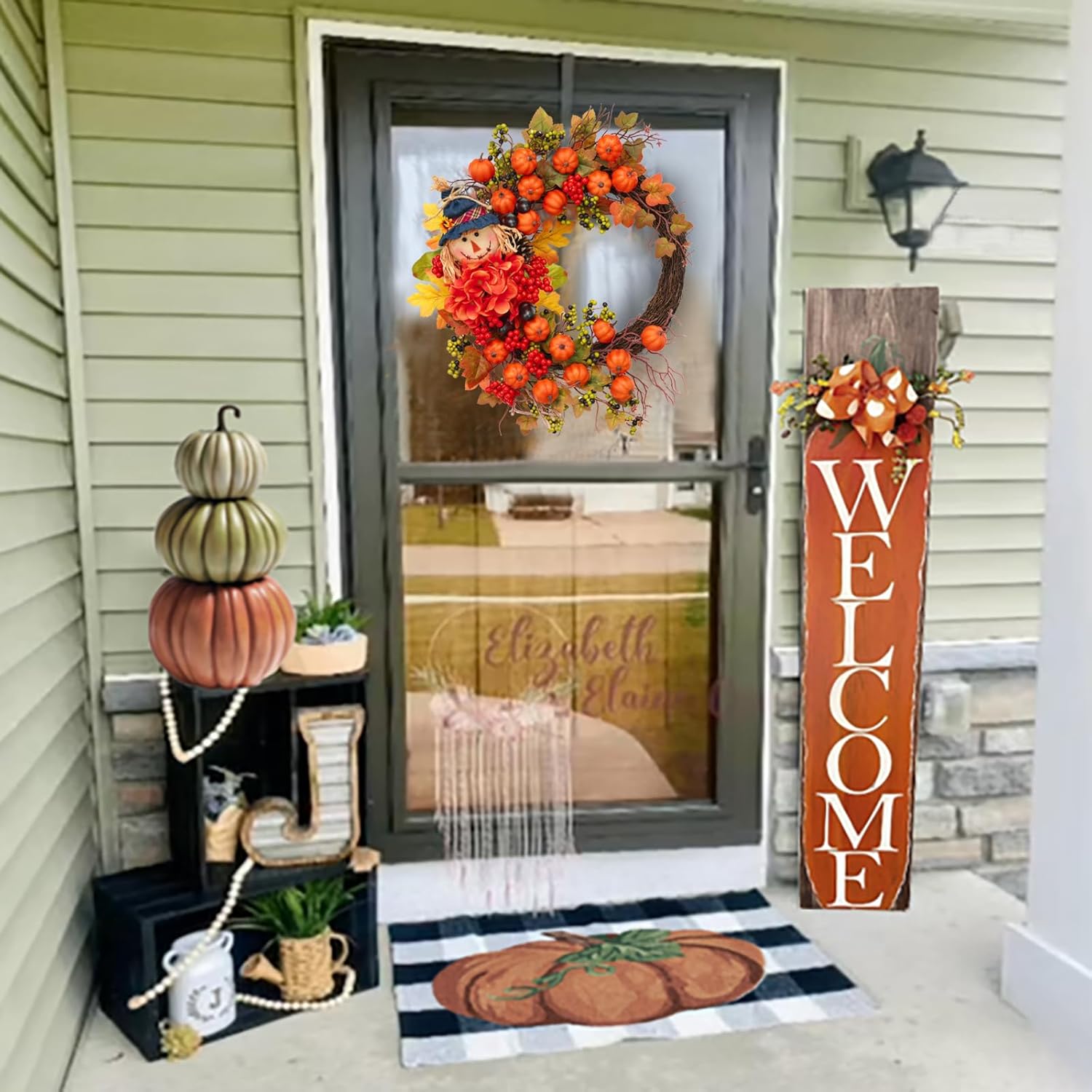 Fall Wreath for Front Door,Pumpkin Wreath with Scarecrow with Berries, Acorns and Hydrangea,Autumn Harvest Porch Decor,thanksgving Farmhouse Fall Door decorations-20inch
