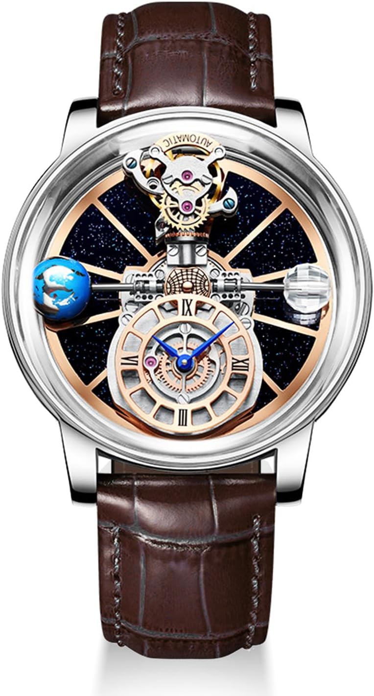 Men’s Watch Swiss Movement 1.81 Inch Hollow Stainless Steel Mechanical Synthetic Sapphire Crystal Large Curved Glass,Leather Watch for Men, 30M Waterproof Wrist Watches for Men