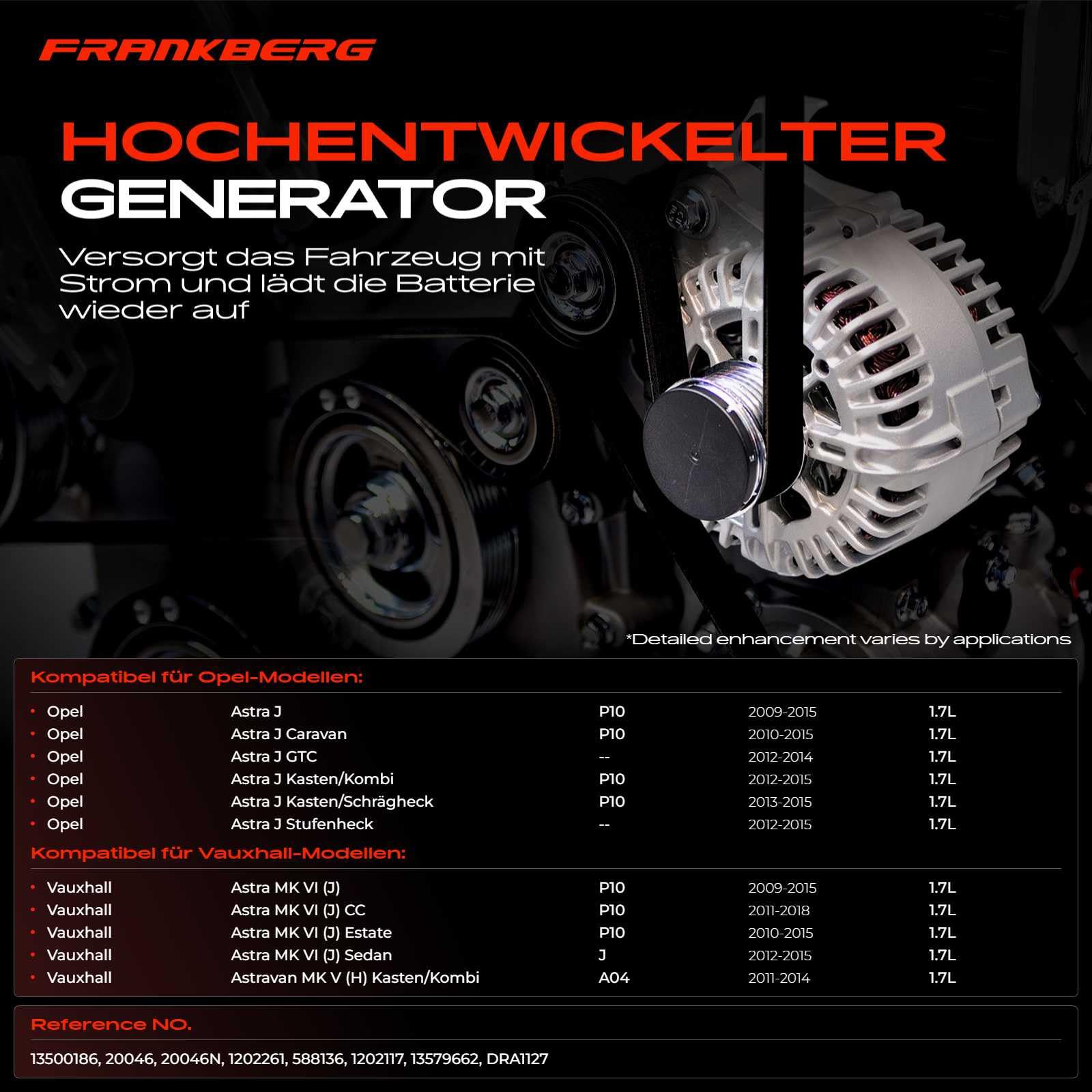 Frankberg 1x Lichtmaschine Generator 100A Kompatibel mit Astra J P10 1.7L 2009-2015 Astra J Caravan J 1.7L 2010-2015 Astra MK VI (J) J 1.7L 2009-2016 Replace# 13500186