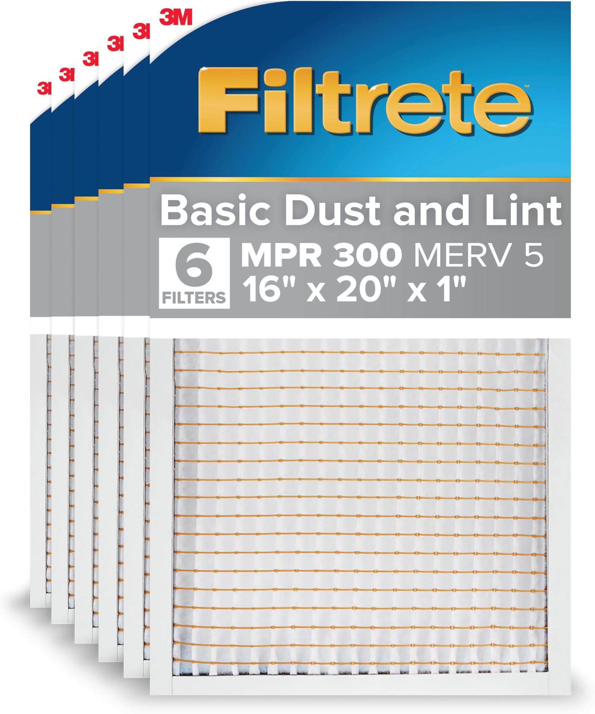 Filtrete 16x20x1 Air Filter MERV 5, 6-Pack AC Furnace HVAC Filters for Home, MPR 300 Basic Dust Defense, Pleated Electrostatic Removes Lint & Dust (Actual Size 15.69x19.69x0.81 in)