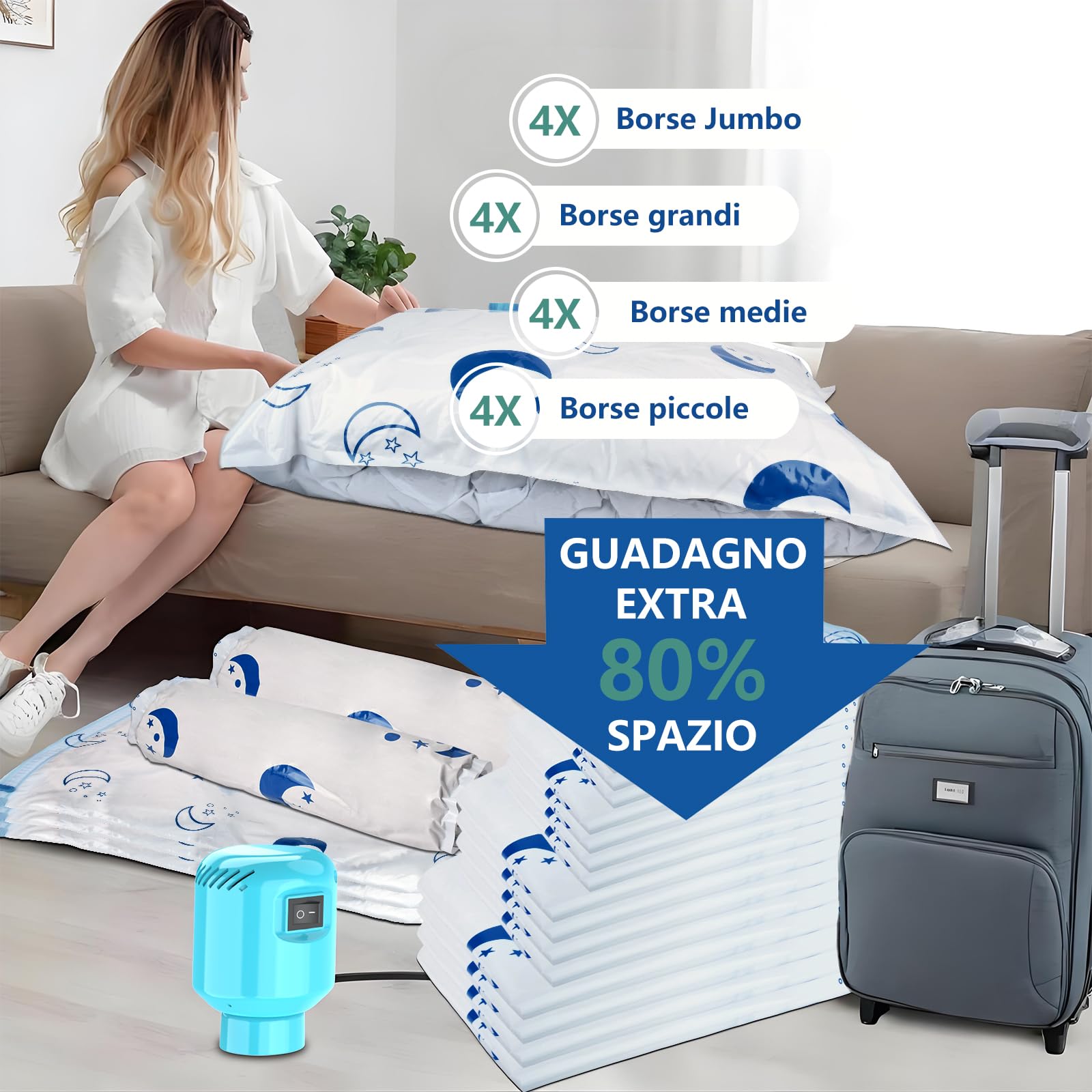 SZO Sacchetti sottovuoto per piumoni con pompa elettrica 16 pezzi (4 Jumbo, 4 Grandi, 4 Medi, 4 Piccoli) Viaggio Sgonfiaggio rapido Salvaspazio per piumoni vestiti cuscini biancheria da letto