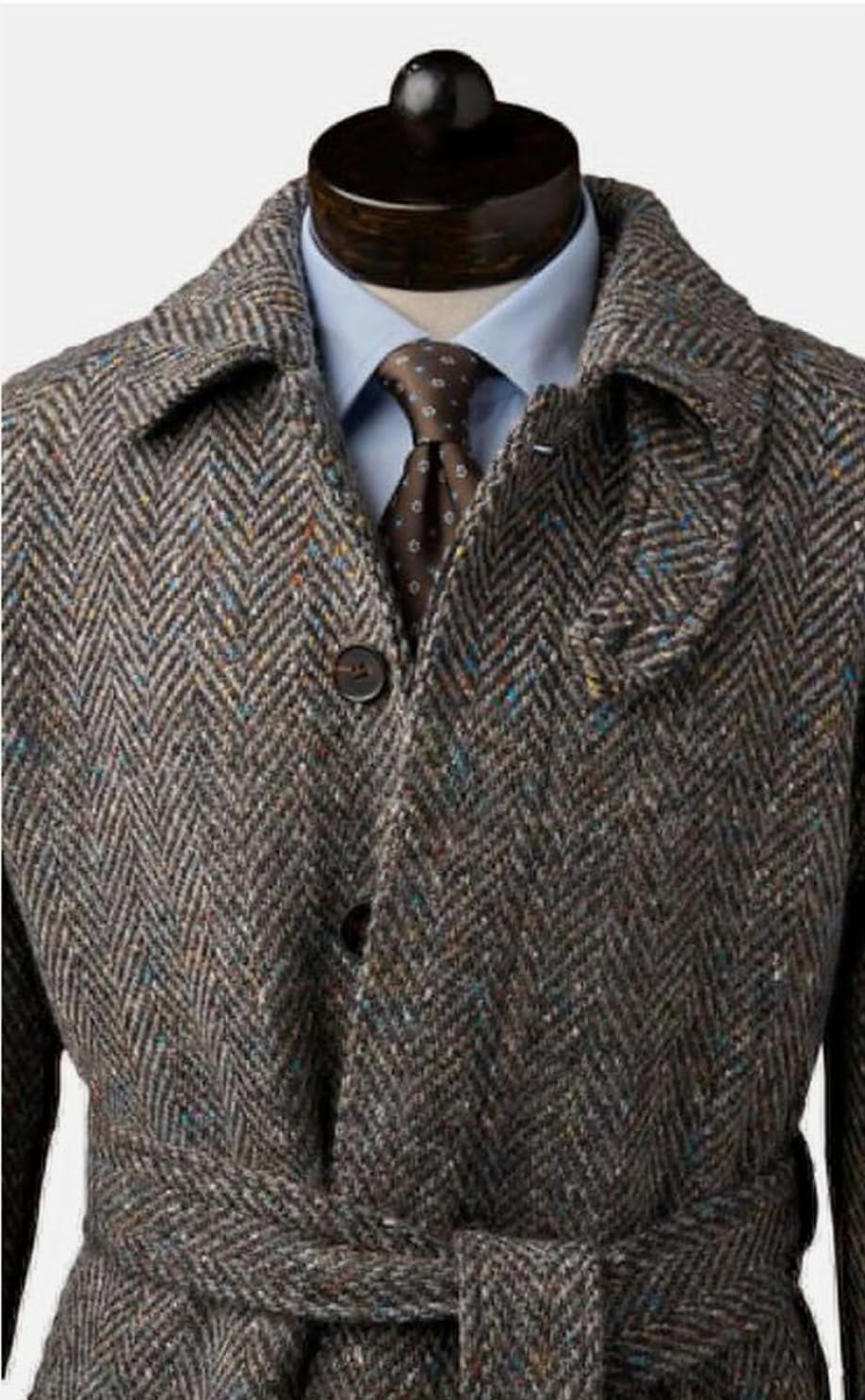 Uomo Soprabito vintage a spina di pesce in misto lana Cappotto lungo Blazer invernale caldo