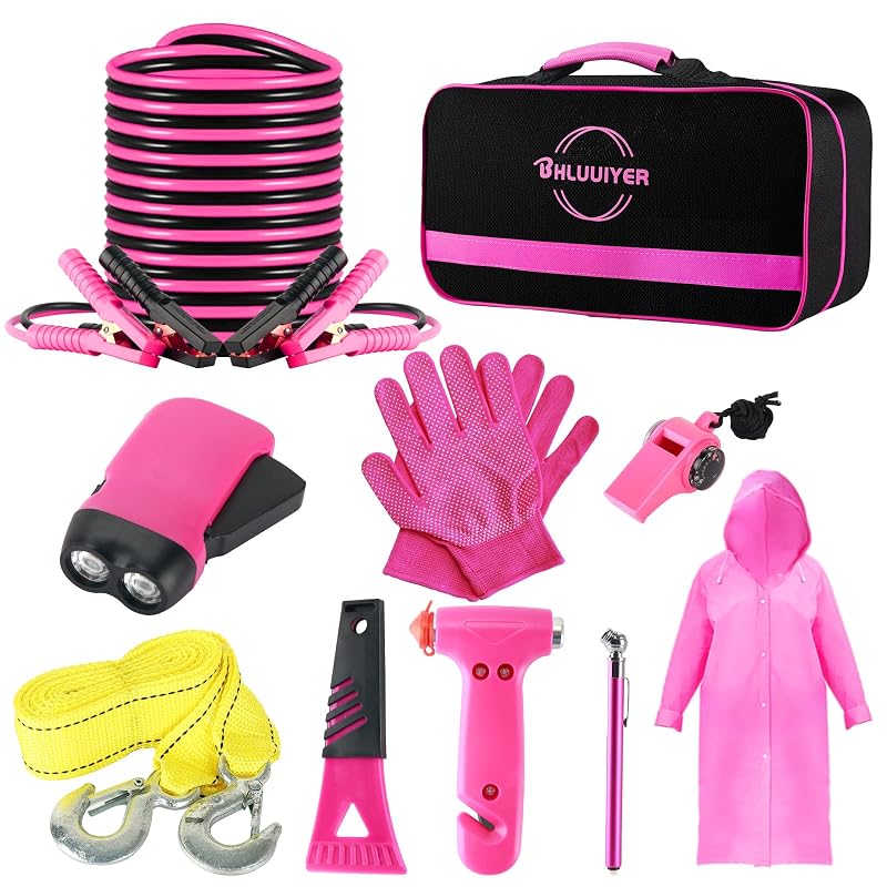 Kit de emergência automotiva BHLUUIYER rosa com cabo para partida, corda de reboque e acessórios, YJB-FS01