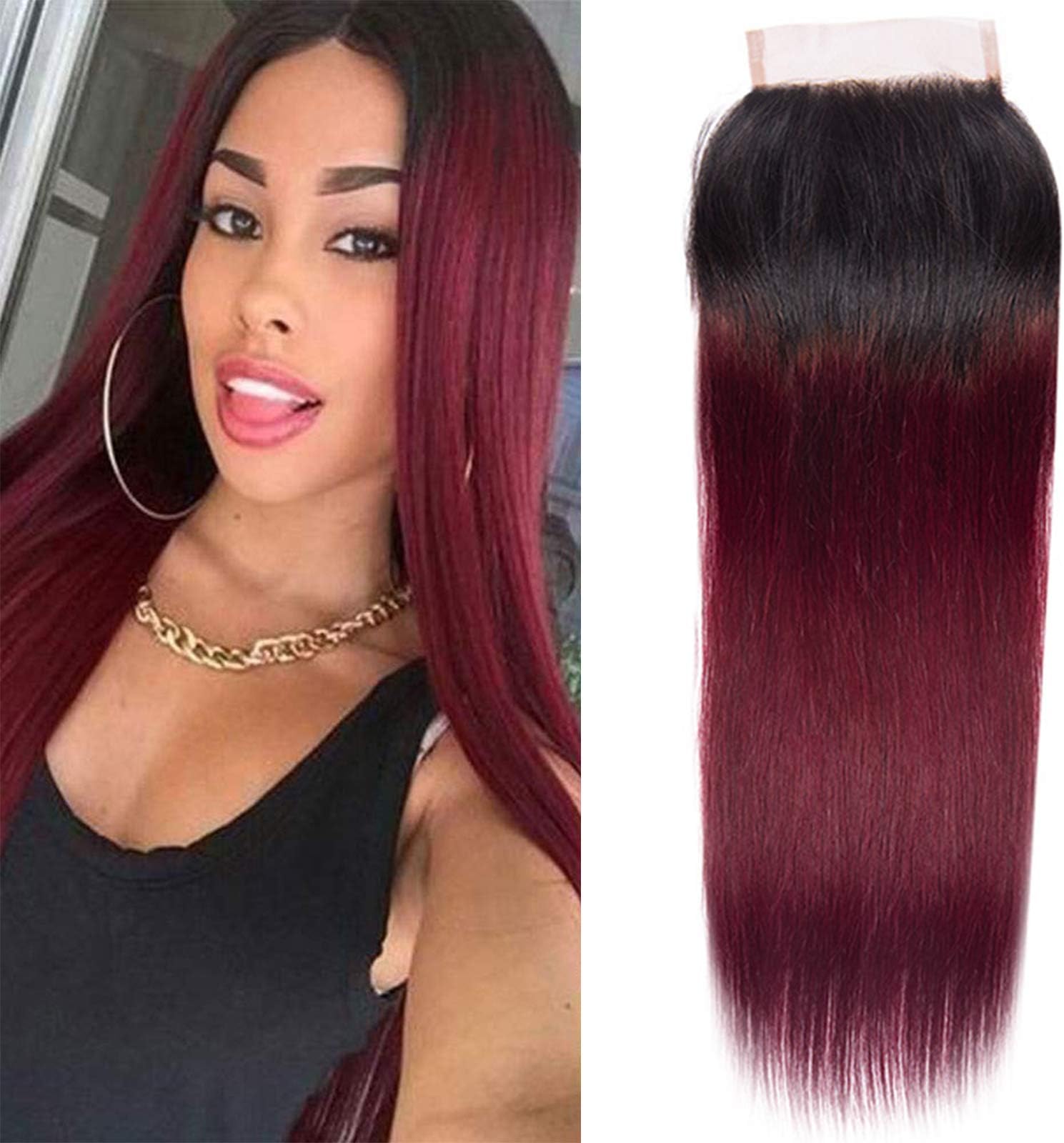 1B99J Burgundy 4x4 Closure Straight Human Hair 100% Brazilian Virgin Hair for Black Women 18 Inch, Soft & Natural Look, Pre-Plucked, Bleached Knots,150 Density
