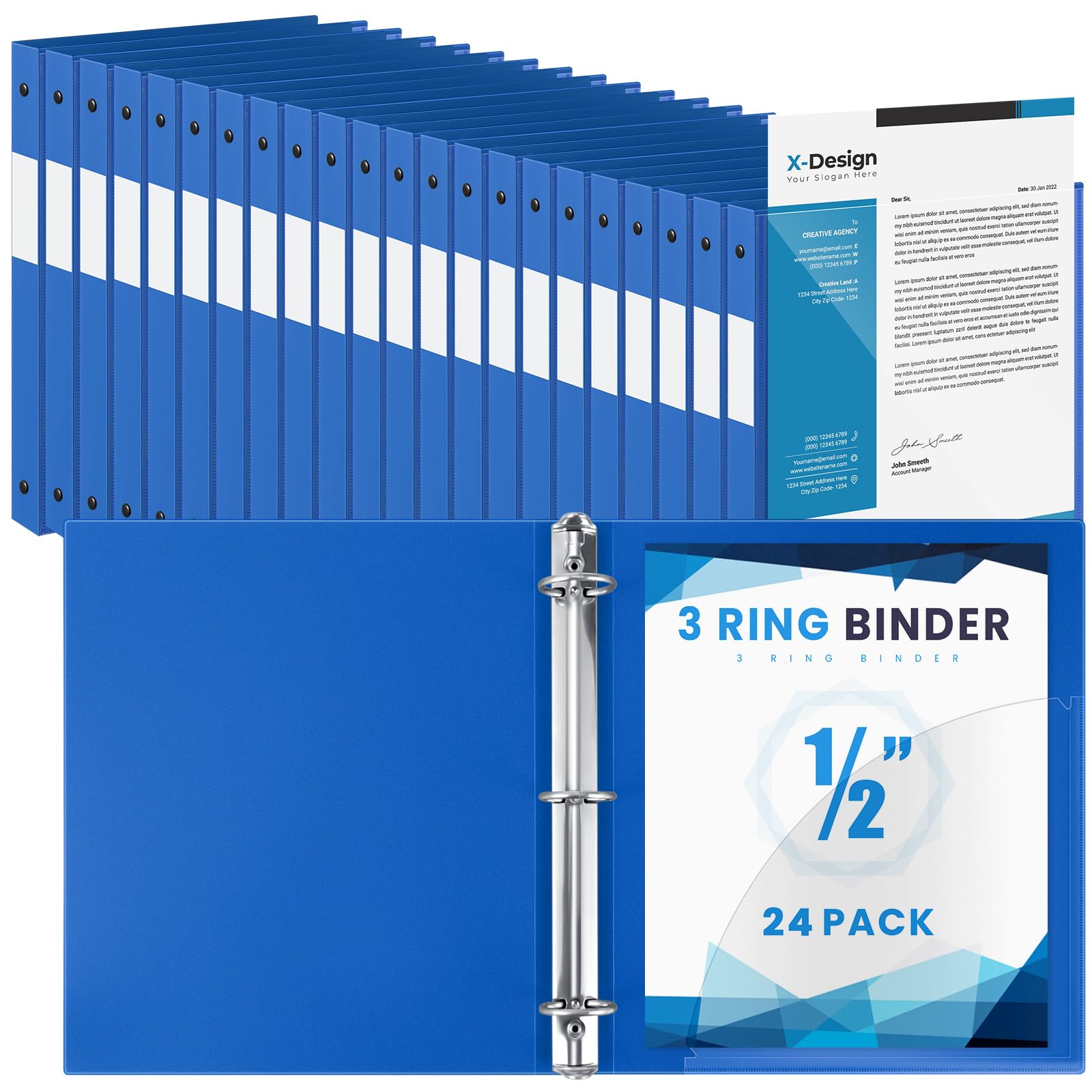Henoyso 24 Pack 1/2 Inch 3 Ring Binder with Clear Cover Fit Letter Size 8.5" x 11" Paper Holds 140 Sheets, Bulk Binders for Organizing School, Office & Classroom Documents, 1 Pocket (Blue) โ image 1