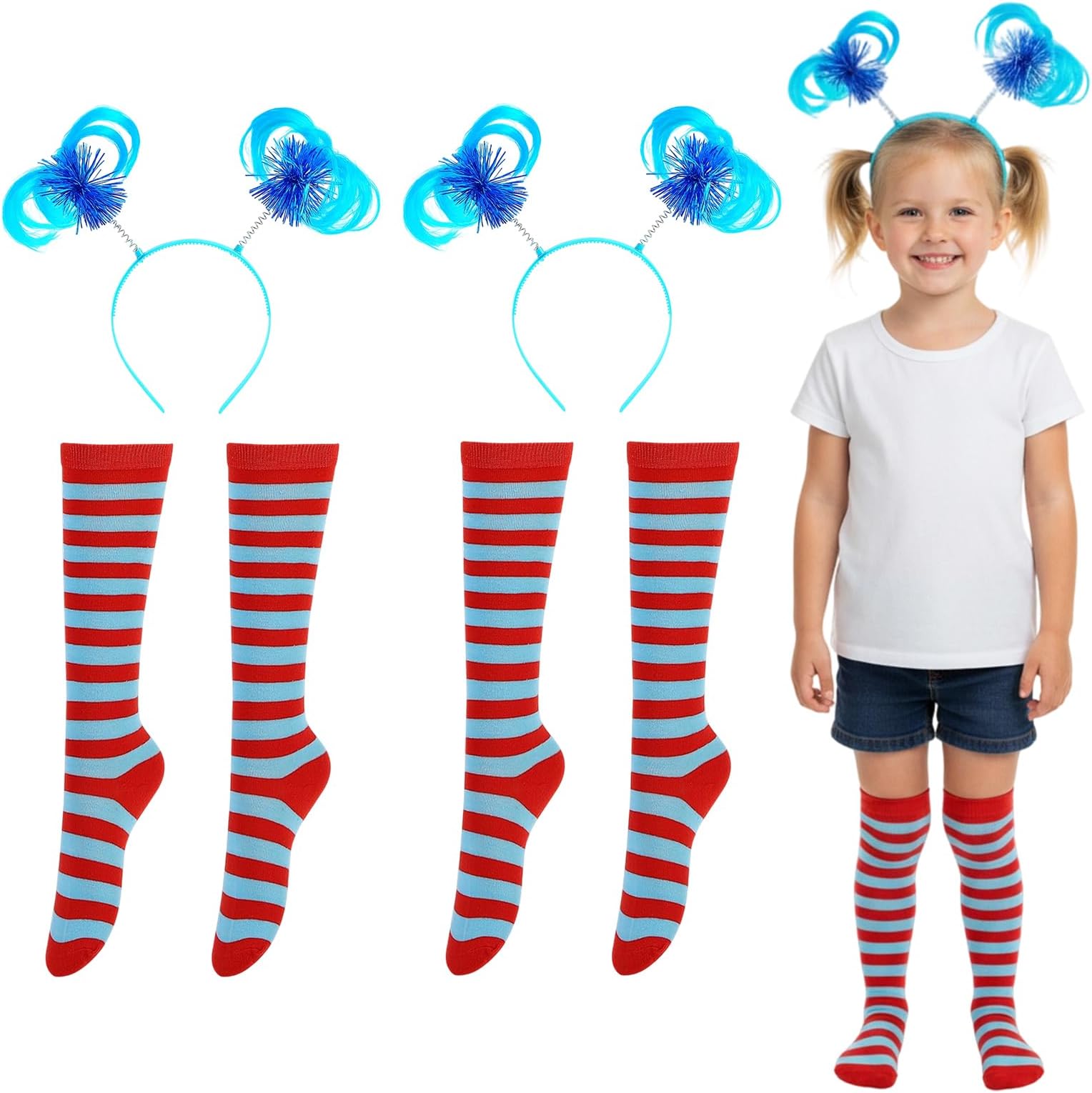 4 PCS World Book Day Thing Costume Accessories, Complete with Blue Pigtail Headbands and Striped Tights, World Book Day Costumes, Inspired Character Play Set
