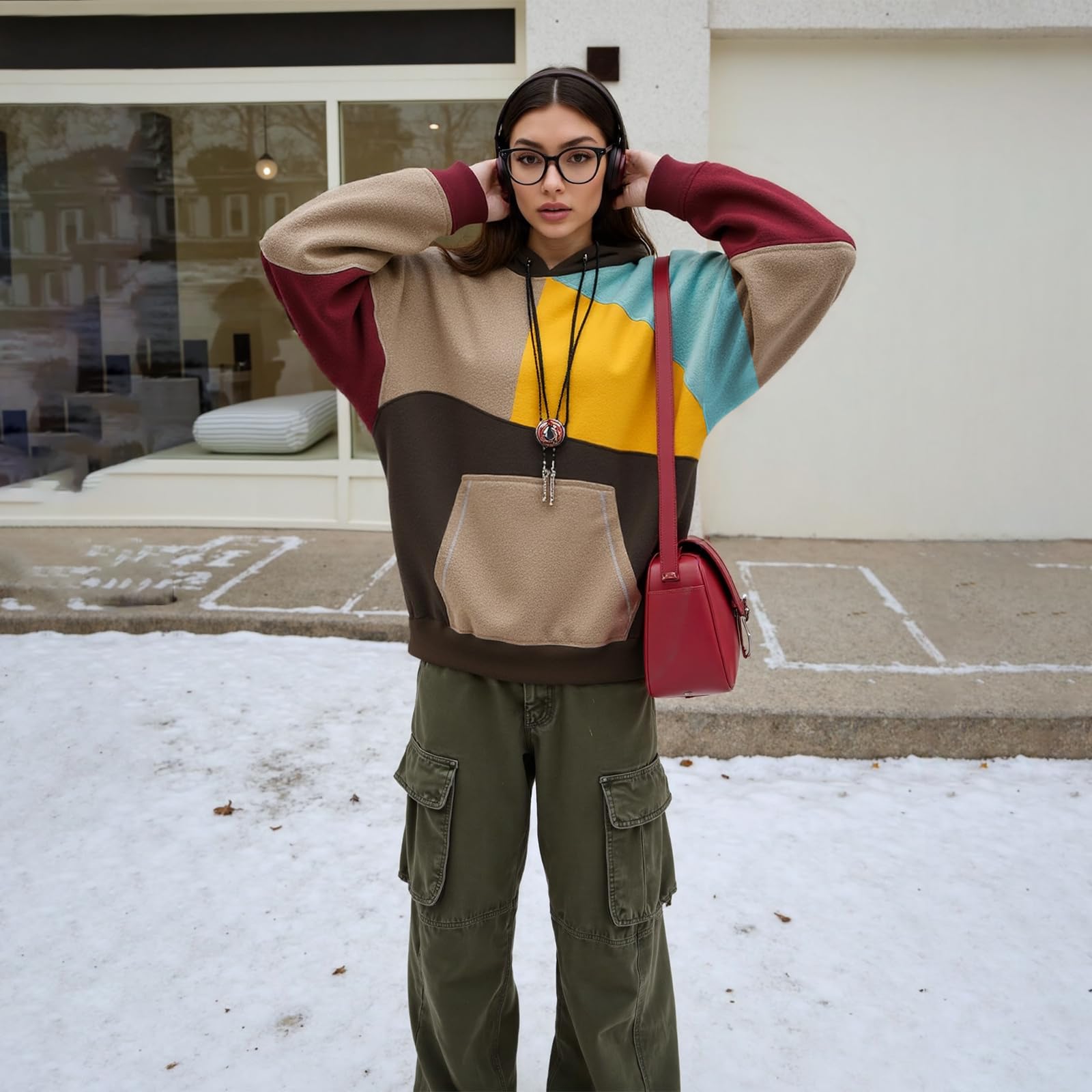 Felpa Uomo con Cappuccio Colori a Contrasto Hoodies Sweatshirt Streetwear Hip Hop a Maniche Lunghe