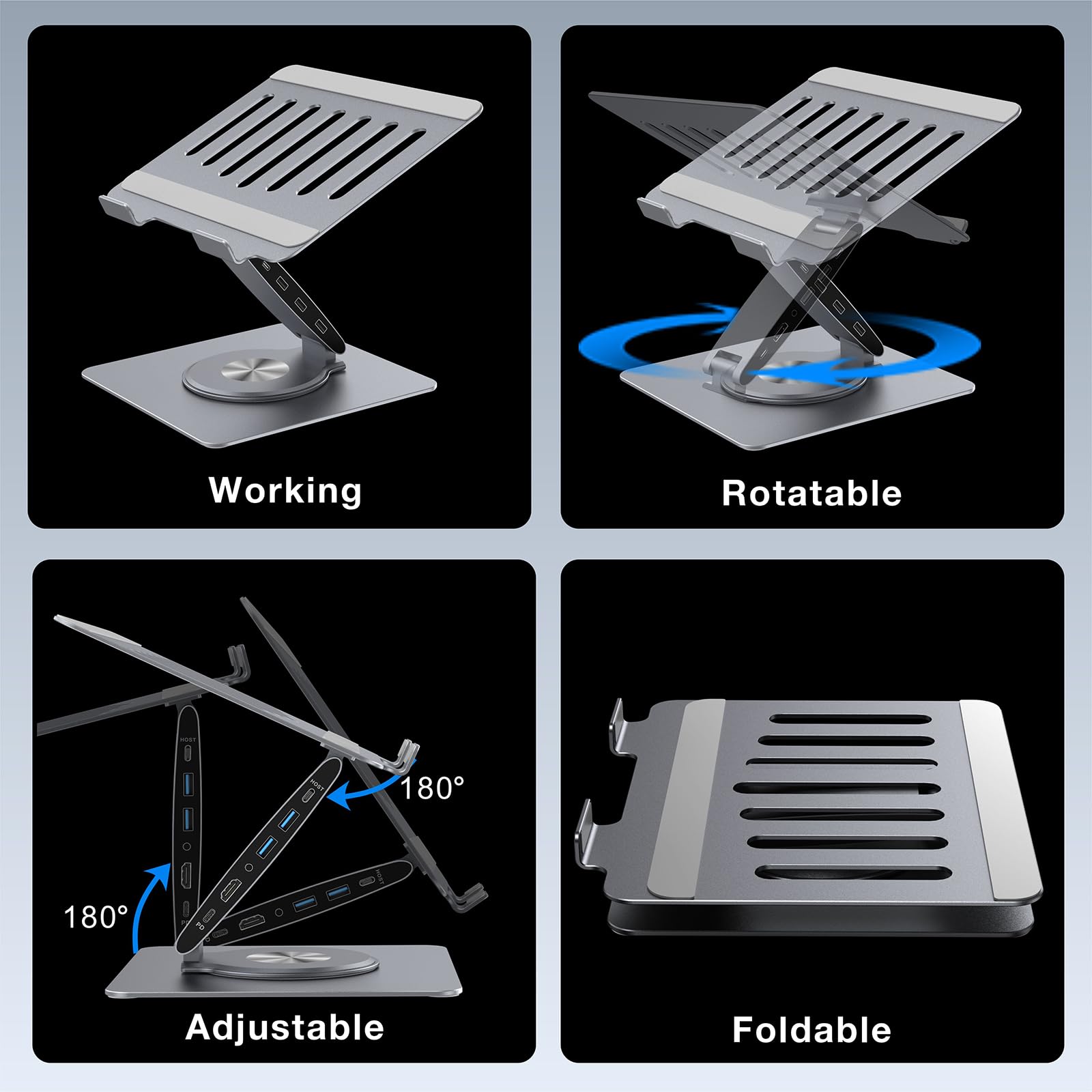 Soporte ajustable para computadora portátil con estación de acoplamiento 9 en 1, elevador de aluminio para portátil con hub USB, giro de 360°, pantalla dual HDMI 4K60Hz, 3 USB 3.0, carga PD de 100 W