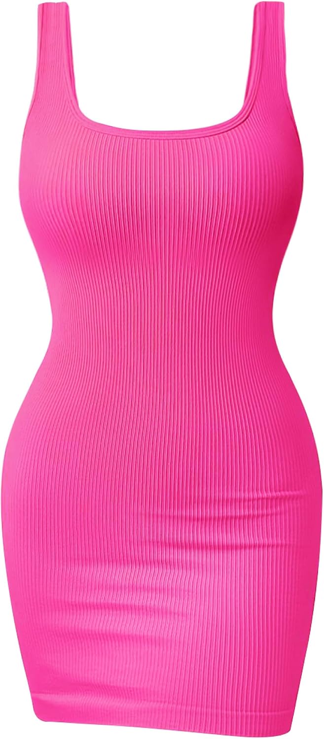 OLCHEE Womens Mini Tank Dresses Ribbed Sleeveless Square Neck Bodycon Sundress Summer Casual Sexy Party Club Cocktail 2025 - Pink Small