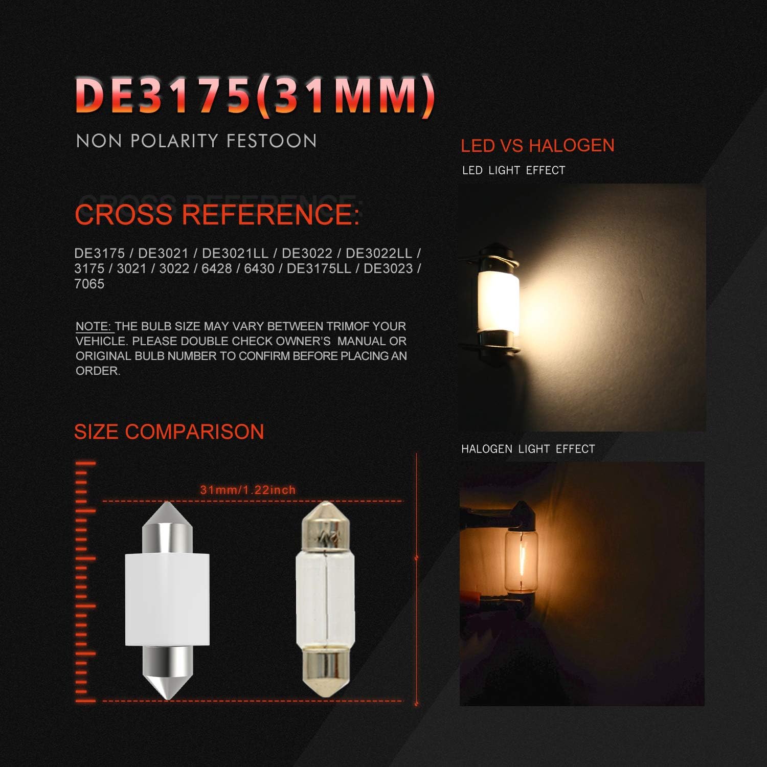 VehiCode DE3175 3175 LED Bulb Warm White 31mm LED Festoon 12V CANBus Error Free Super Bright Kit 28mm 29mm 30mm SV8.5 Base DE3022 3022 DE3021 for Car Interior Dome Map Panel Cargo Light (4 Pack)