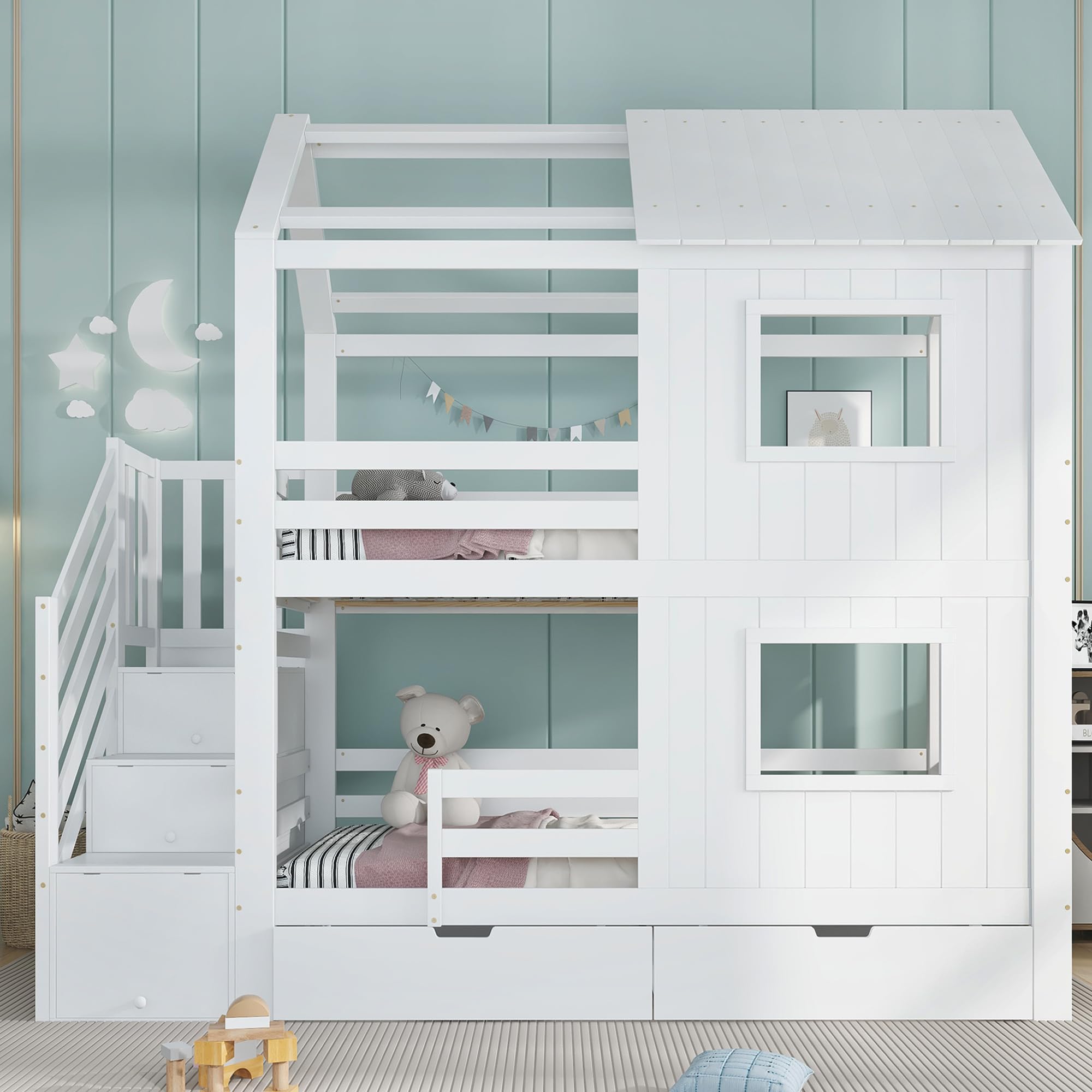 Letto a castello, lettino per bambini, armadio con ripiani, cassetto contenitore con rotelle, belle finestre e tetto, robuste reti a doghe, pino + MDF + compensato, bianco, 90x200 cm