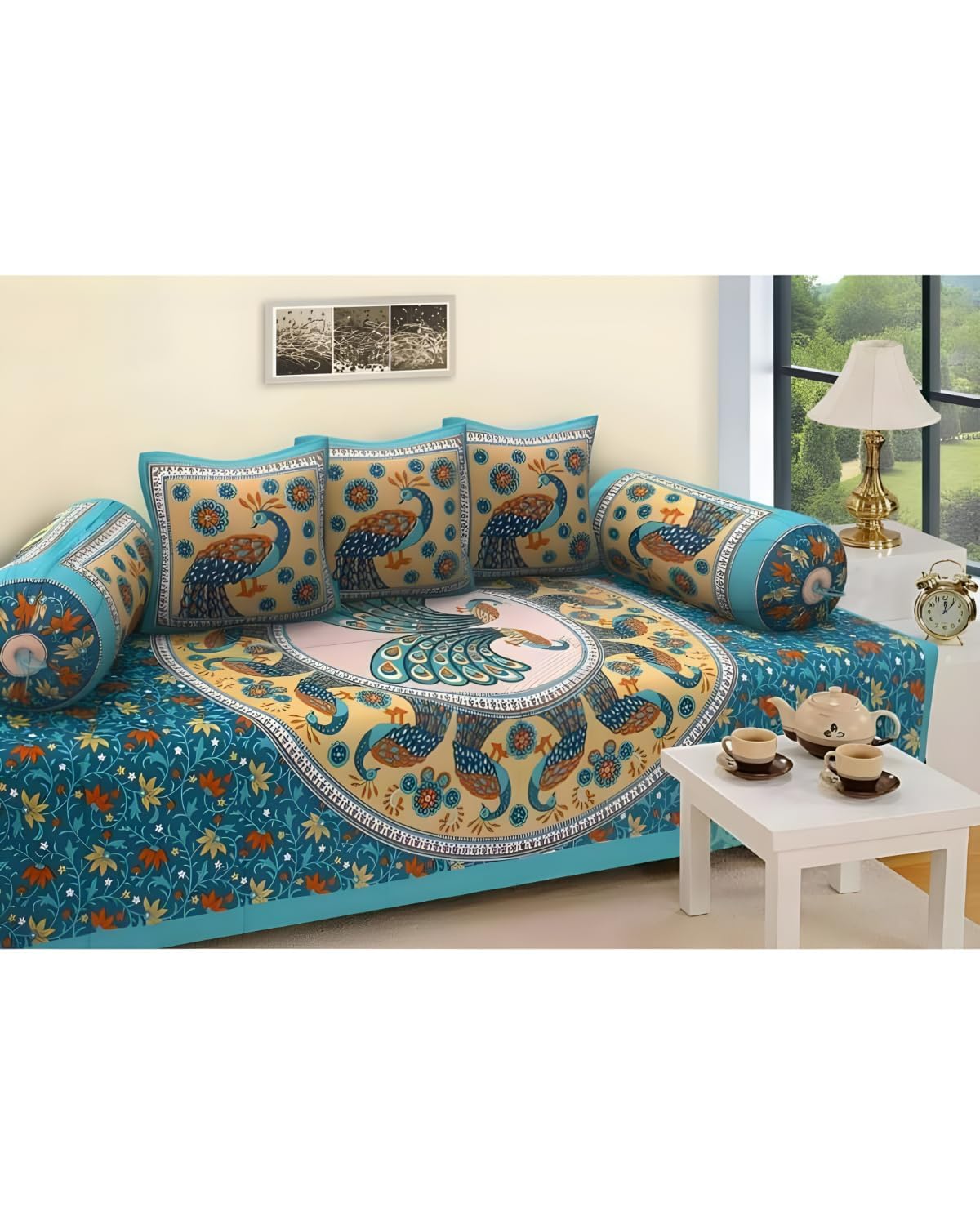 JASMINE AROMA Premium Jaipuri Pure Cotton Diwan Set (6 Pieces) – Single Diwan Bedsheet 60x90 Inches Bolster Covers and 3 Cushion Covers (Color 2)-image-45