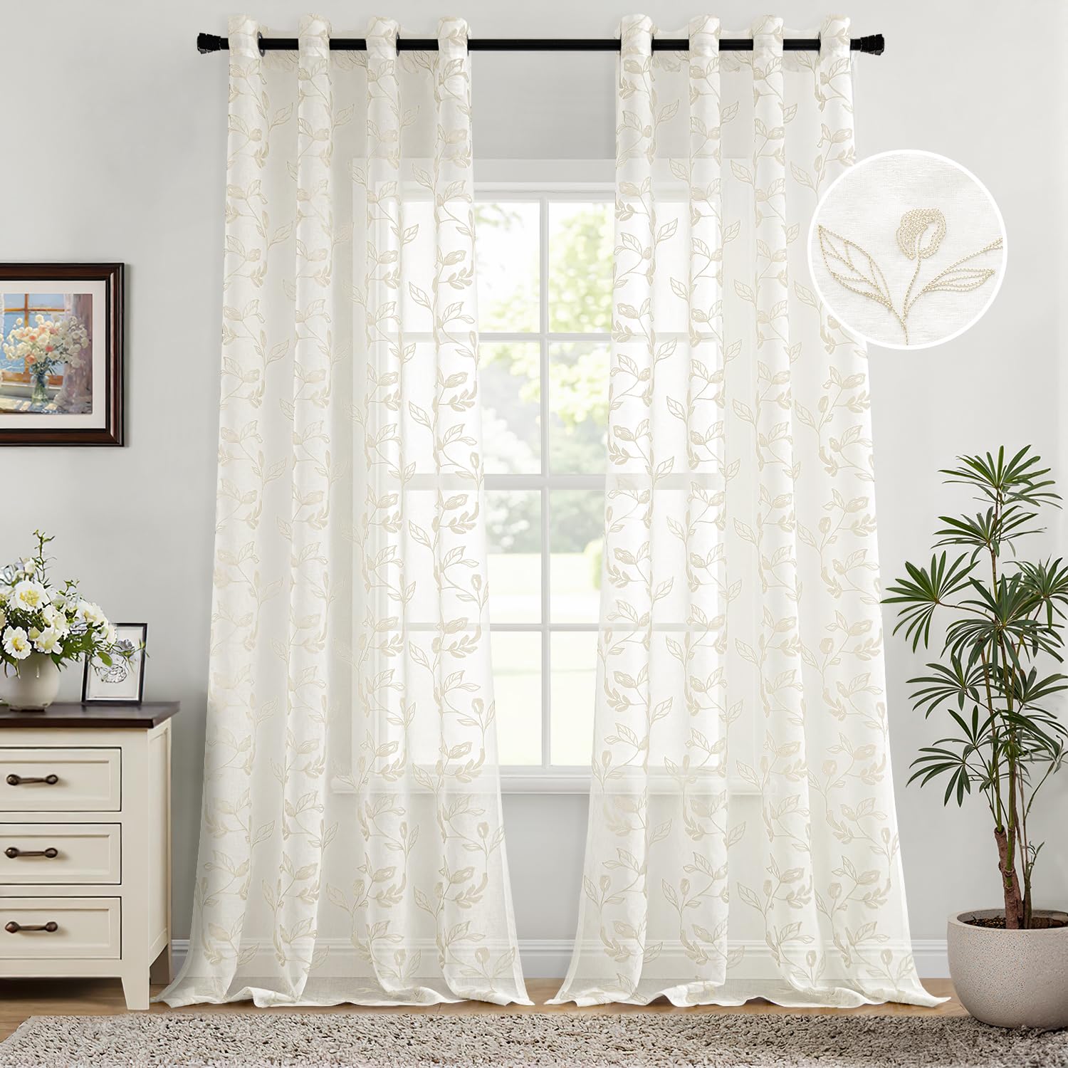 Woaboy Cortina Dormitorio Crema Estampadas Flores Hojas Visillo Ventana Decorativo Tansparente Moderno para Salón Habitación 2 Piezas 140x245cm