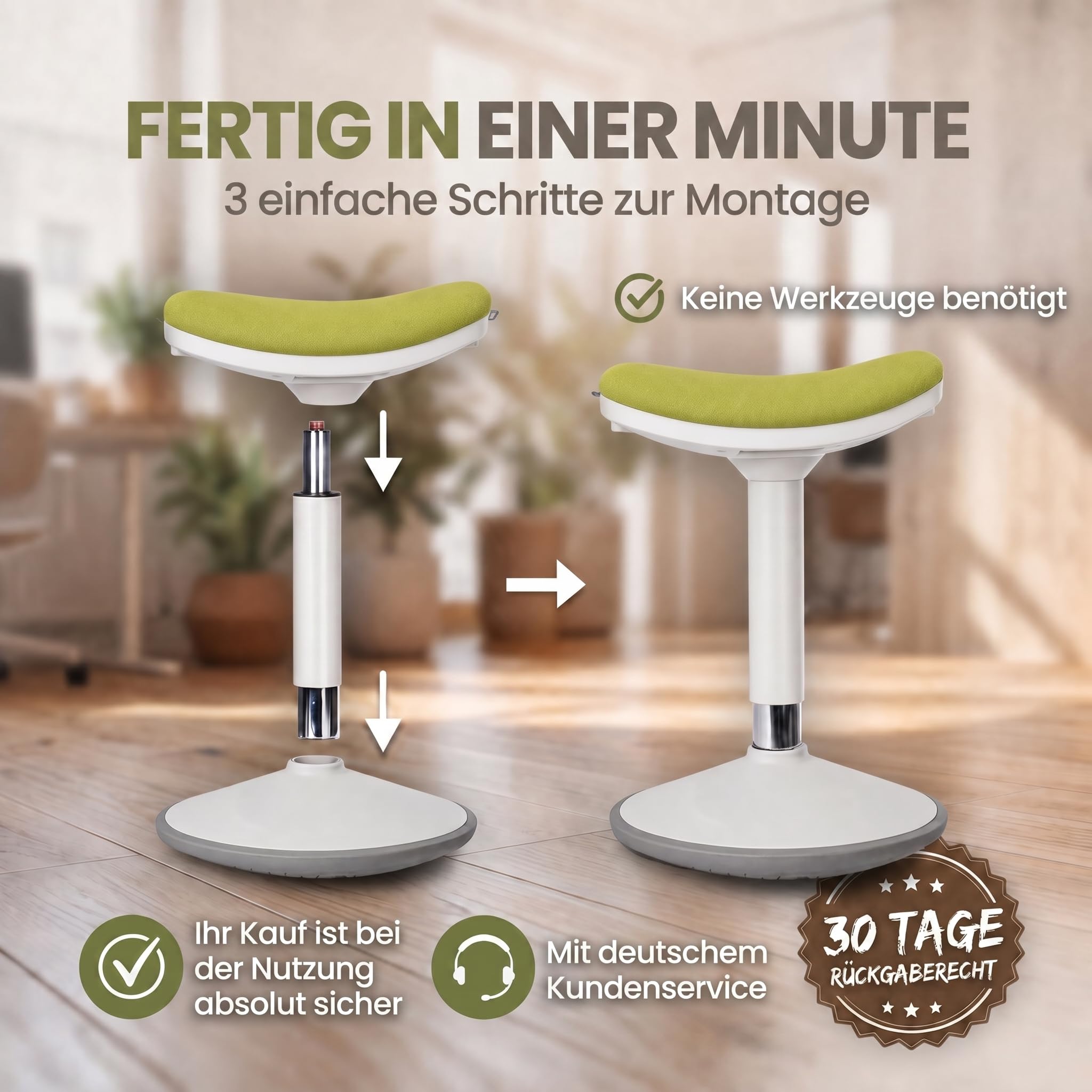 Ergonomischer Stehhocker höhenverstellbar in 3 Größen - Wackelhocker mit Schwingeffekt - Rutschfester Stehstuhl & Büro-Hocker für Schreibtisch & Homeoffice (Grün, S)