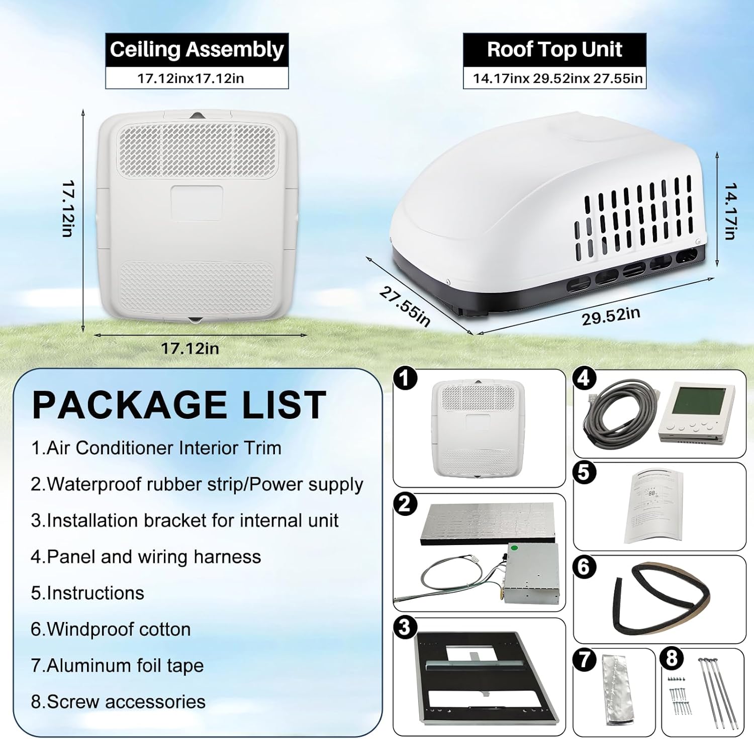 115V Camper Air Conditioner 15000 BTU, Quiet RV AC Unit with Heating 7000BTU, DC 12 Volt Van Rooftop A/C Units, High Efficiency Cooling for Caravan, Sleeper Truck, Trailer, Fifth Wheel Food Truck