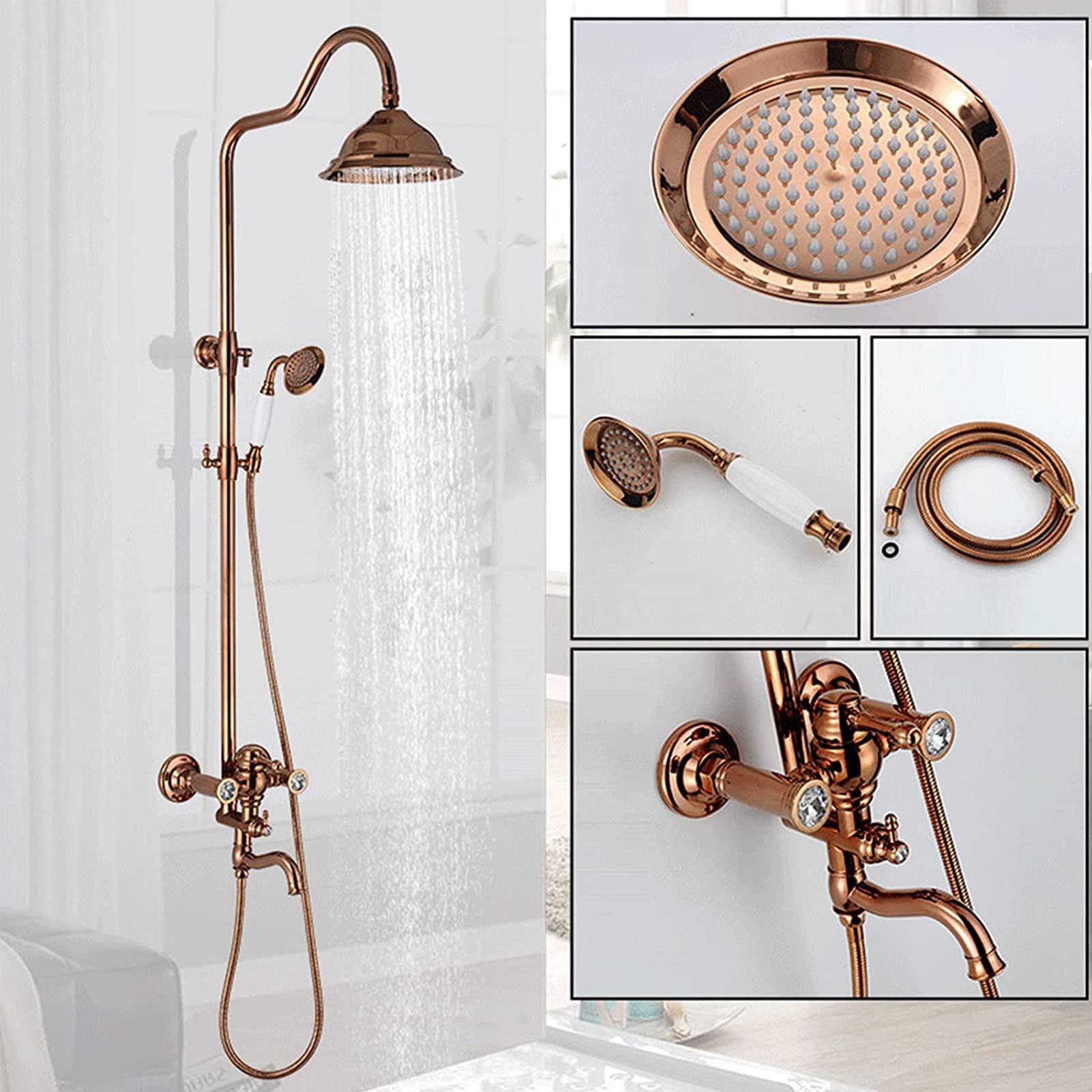 Grifo de Ducha para bañera en Oro Rosa, Sistema de Ducha de 3 Funciones, Cabezal de Ducha Tipo Lluvia con Ducha de Mano, caño de bañera, Grifo de Ducha de Pared, Grifo Mezclador de