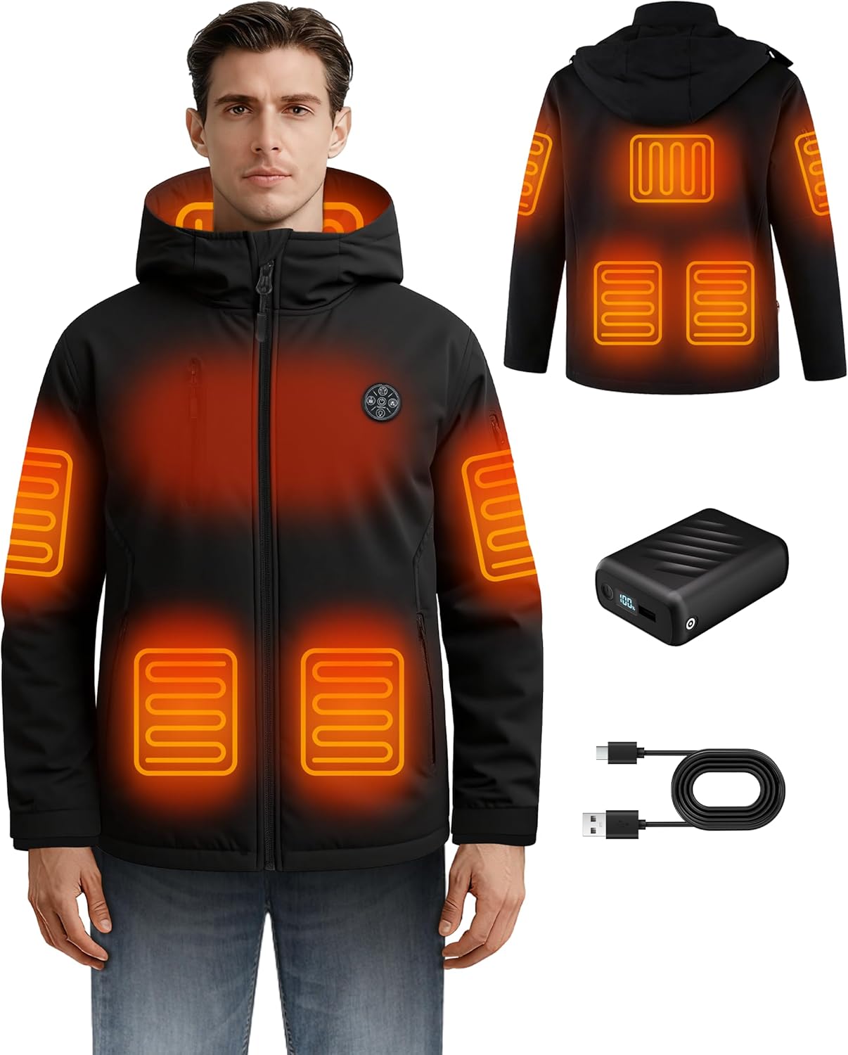 Mens Heated Jacket with App Control, 20000mAh Battery Pack, 8 Heating Zones Electric Heated Coat