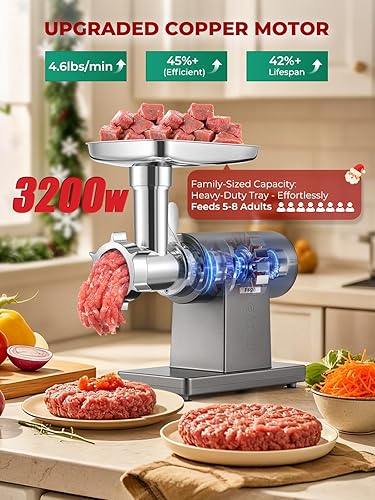 Miniatura 6 de Picadora de carne eléctrica de 3200 W, multifuncional, máquina picadora con hoja de corte, 3 placas de molienda, 3 rellenos de salchichas, kit de