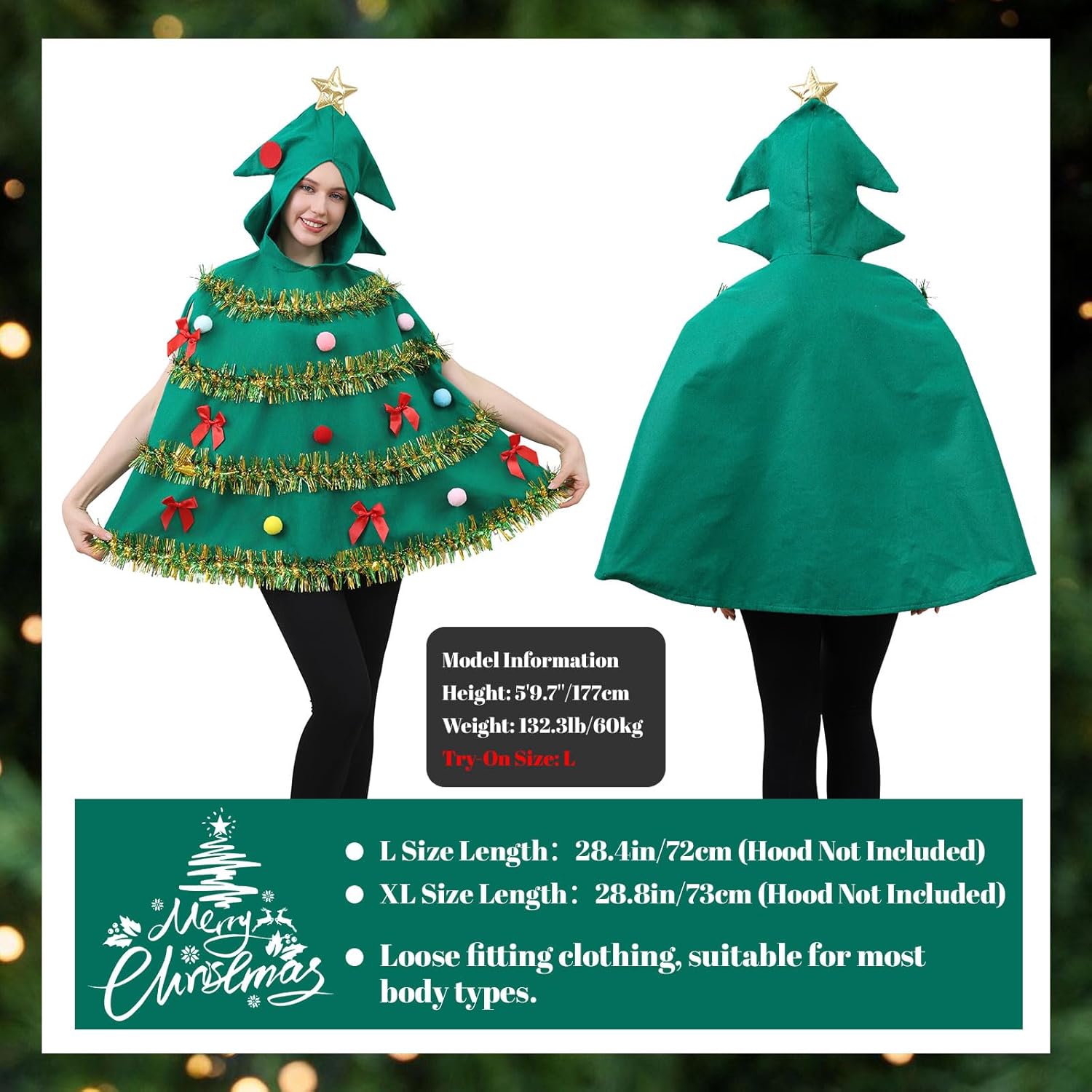 1 PCS Christmas Tree Costume for Adults Hooded Cloak Christmas Poncho Cape Funny Xmas Outfit Christmas Cosplay Party - Image 3