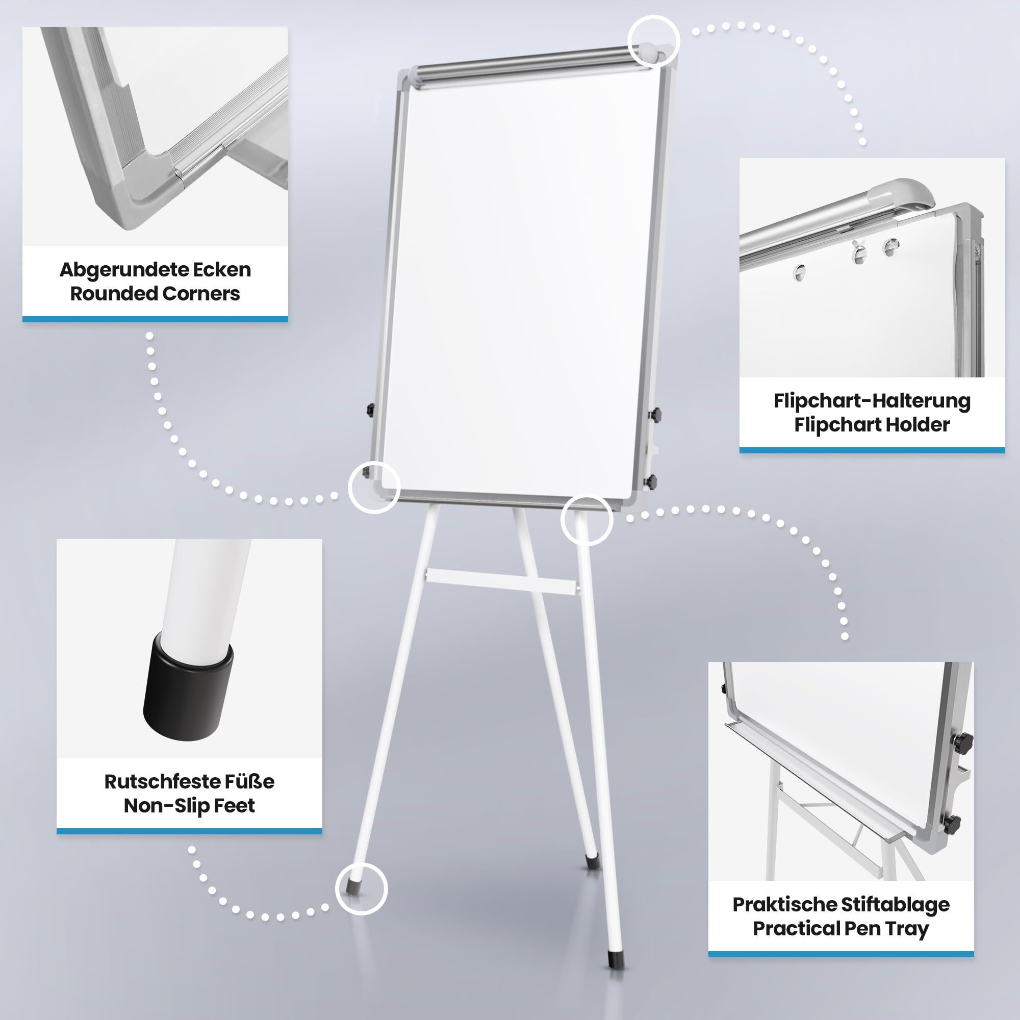 Jago® Chevalet de Conférence - avec Trépied Réglable en Hauteur, 60 x 90 cm, Magnétique, Effaçable, Incluant Marqueurs, Aimants, Papiers, Éponge - Paperboard, Tableau Magnétique Blanc