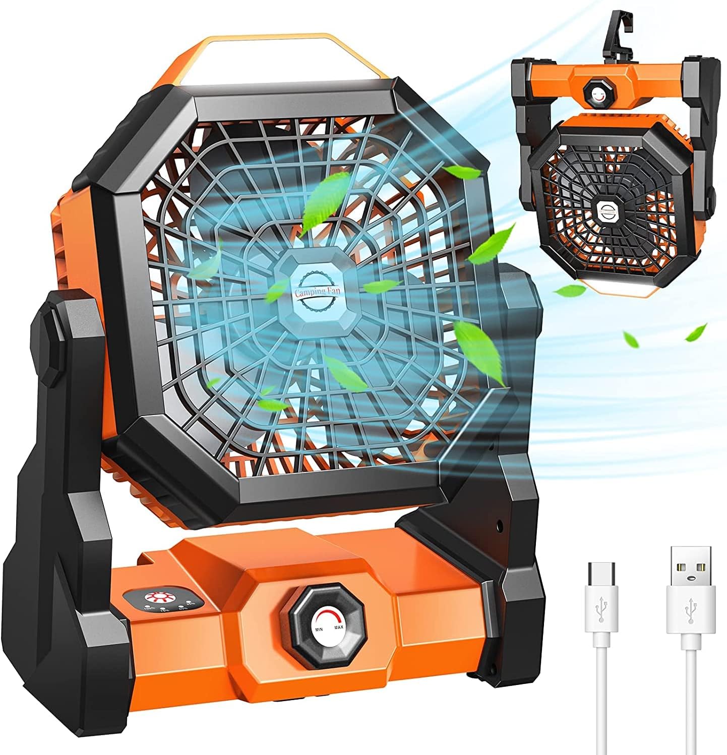 Himiway Camping Fan Rechargeable, Battery Powered Fan with LED Lantern, 270° Rotation, Hangable USB Outdoor Tent Fan with Hook, Portable Personal Fan for Travel Camping Fishing Picnic Barbecue