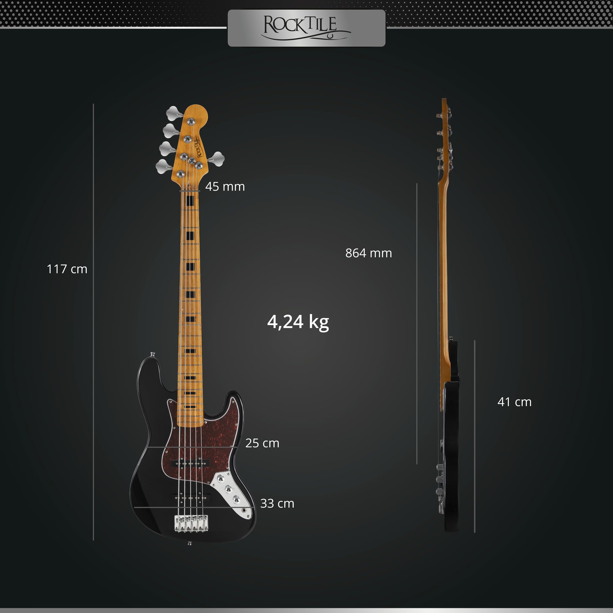 Rocktile Pro JBS50-BK E-Bass - 5-saitiger JB-Style Bass mit Lindenkorpus - Ahornhals & Ahorngriffbrett - 2x Single Coil Tonabnehmer - 2x Volume, 1x Tone Regler - 34" Mensur - Schwarz