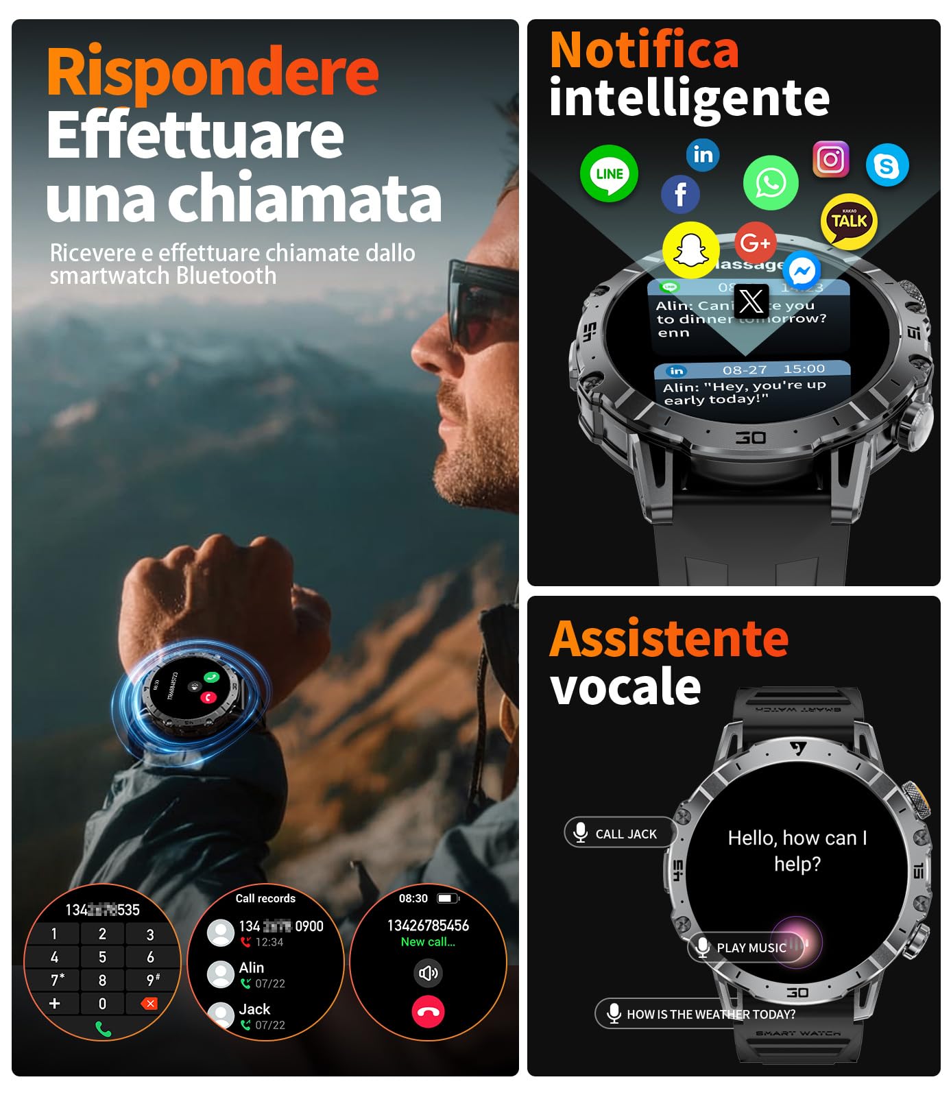 1000mAh Batteria Smartwatch Uomo Militare, 1.7'' Orologio Smart Watch con Chiamata Bluetooth, Torcia LED Orologio Fitness, 100+ Modalità Sportive, 24H Cardiofrequenzimetro Sonno, IP68 per Android iOS