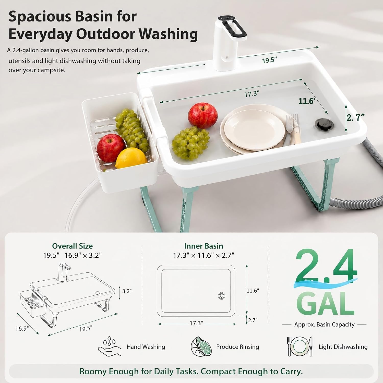 Fregadero portátil para camping con bolsa de agua plegable de 2 x 15 L, estación de lavado de manos al aire libre con grifo, fregadero de camping con manguera de drenaje, no requiere fontanería, para