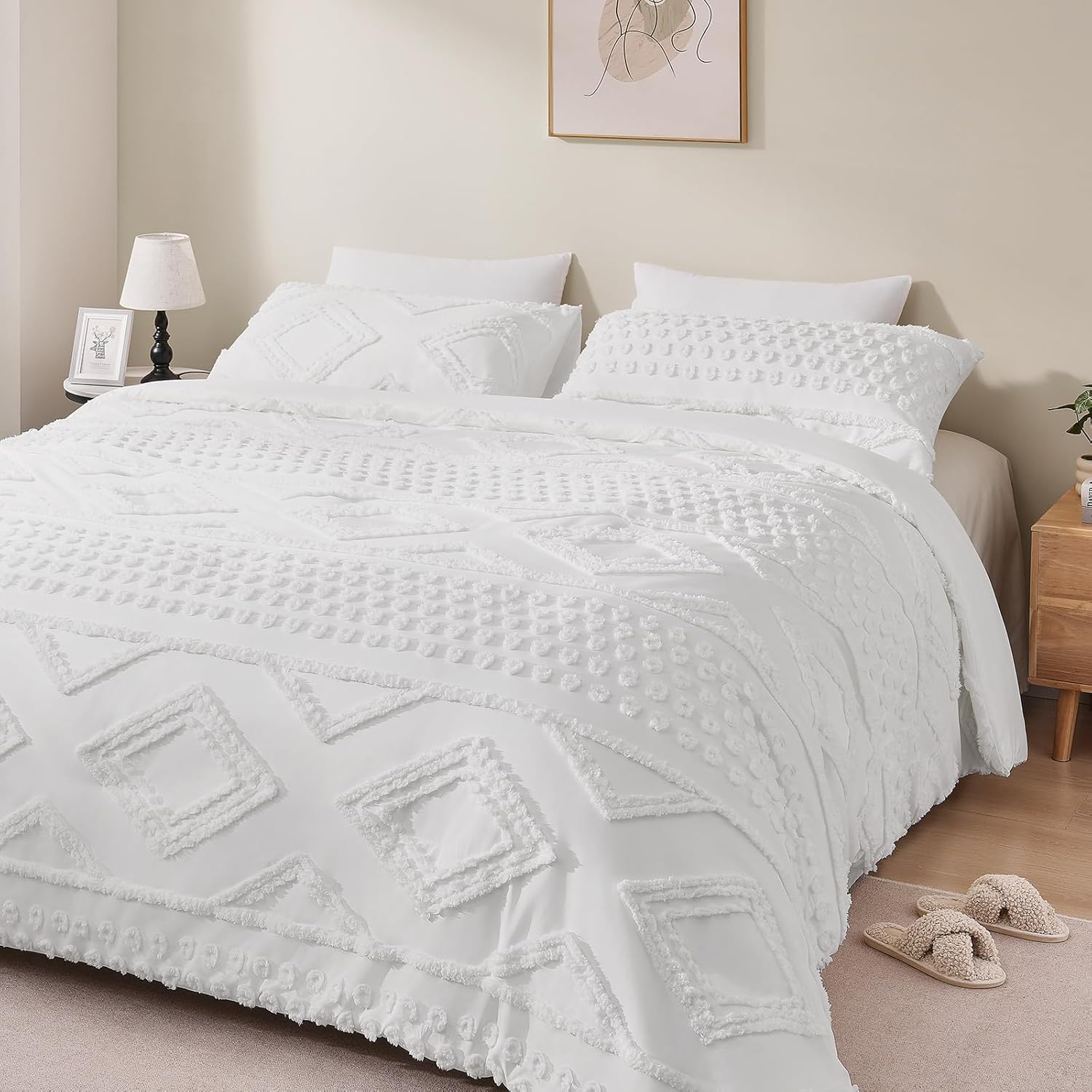 Boho Queen Comforter Set White with Sheets, 3 Pieces Tufted Queen Comforter Sets Boho Bedding Cream Soft Warm Neutral Comforter Sets for All Seasons