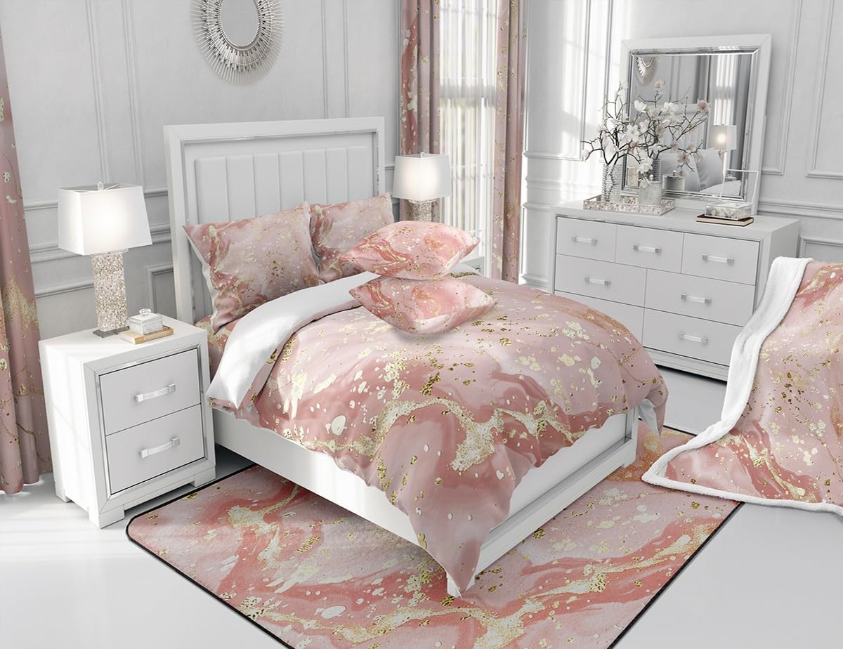 Manfei Marble Texture Fitted Sheet Pink Marble Pattern Golden Sequins Print Bedding 3pcs Microfiber Bed Sheet Set (1 Fitted Sheet + 2 Pillow Cases) Queen Size