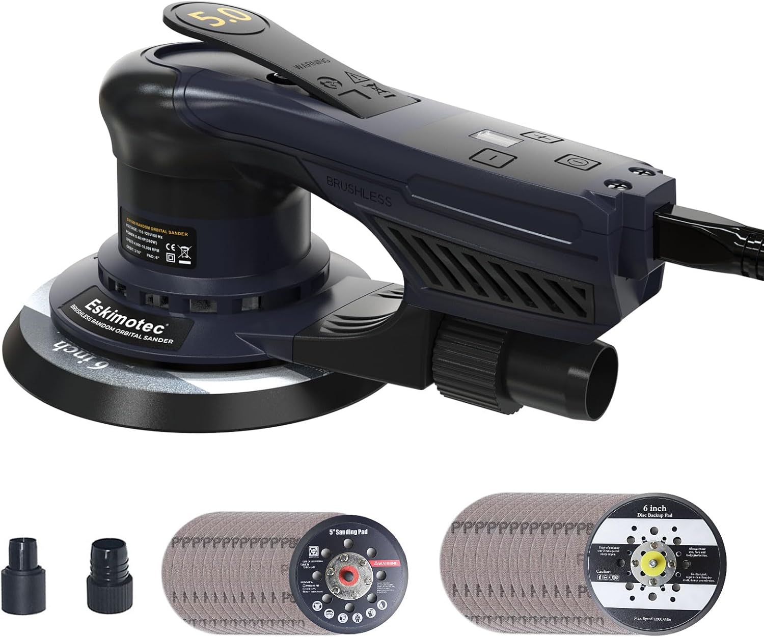 Electric 5.0 Random Orbital Sander 5 & 6-Inch, 360W Brushless Orbital Sander, 10000 RPM Variable 7-Speed Palm Sander for Dustless Woodworking, Metalworking Finishing & Auto Body