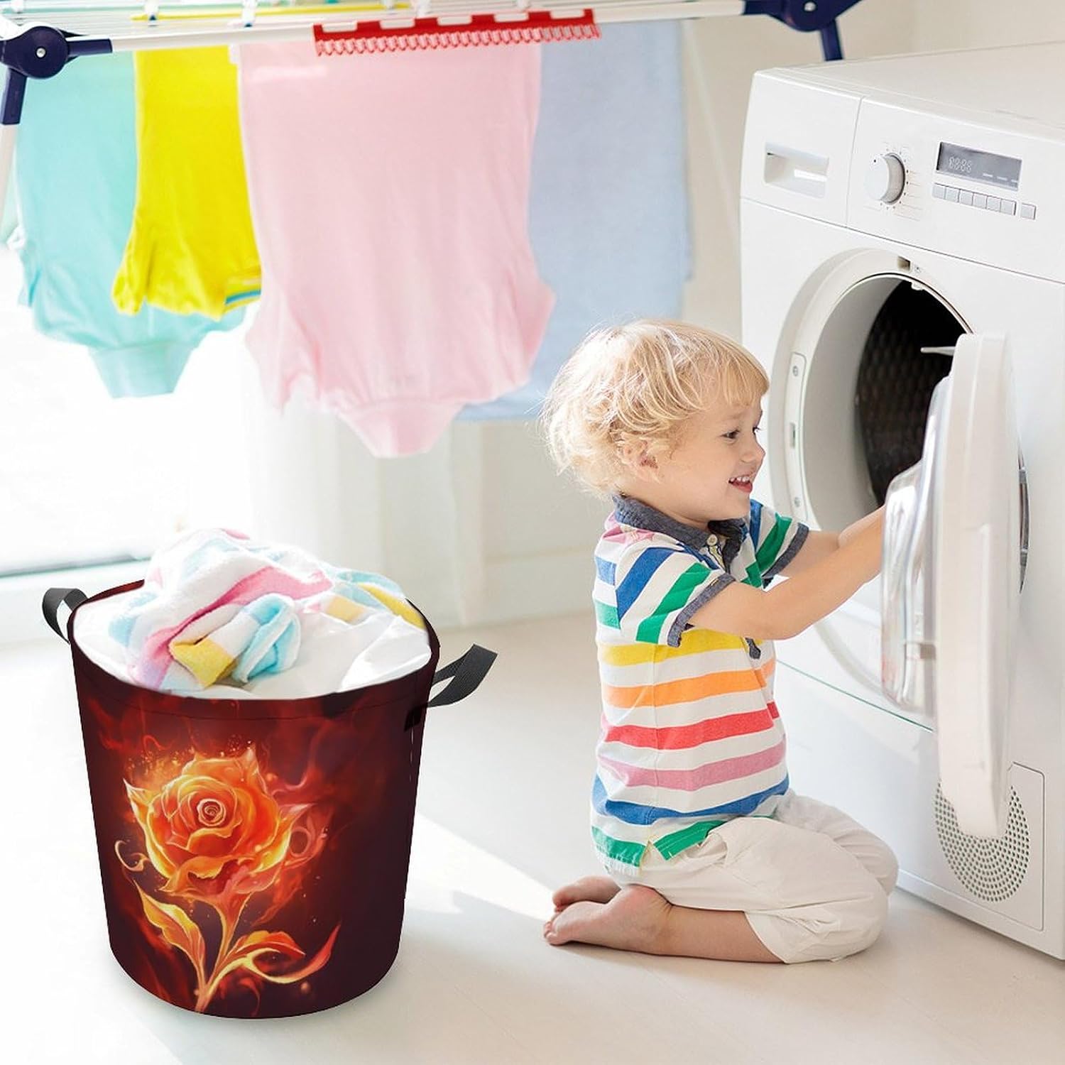 Laundry Basket Waterproof Laundry Hamper with Handles Foldable Dirty Clothes Hamper Flame Rose Freestanding Laundry Bag Organizer Tall Storage Basket for Bedroom Bathroom Decor