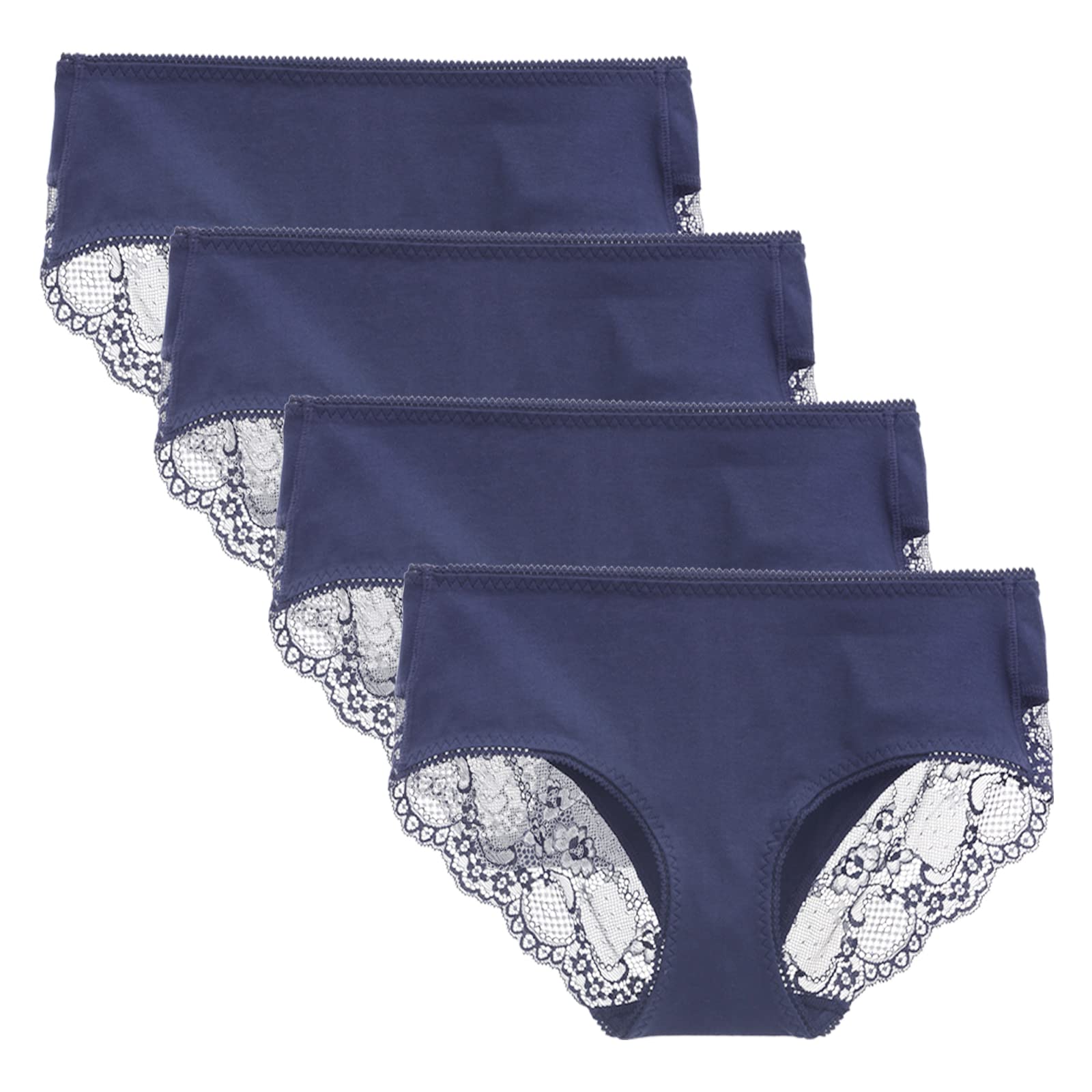 LIQQY Women's 4 Pack Cotton Mid Rise Full Coverage Lace Hipster Brief Panty Knicker Underwear XL Navy Blue