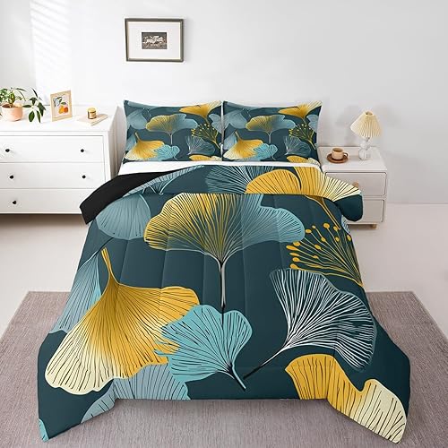 Miniatura 9 de Erosebridal Juego de edredón de hojas de ginkgo tamaño Queen juego de ropa de cama de hoja de ginkgo y biloba para niños edredón botánico estilo