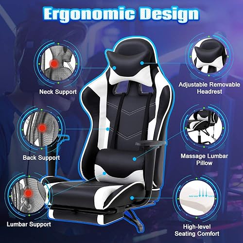 Miniatura 4 de Silla de juegos de PC, silla de oficina ejecutiva de respaldo alto, silla de computadora de piel sintética, soporte lumbar de carreras, reposapiés