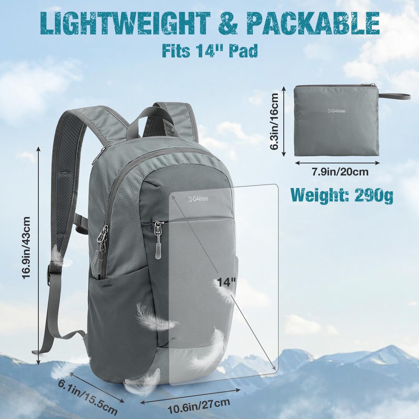 G4Free 18L Faltbarer Rucksack, Wanderrucksack Klein Leichter, Daypack Tagesrucksack Trekkingrucksack Damen Herren für Wandern Travel Camping Fahrrad Outdoor, Grau