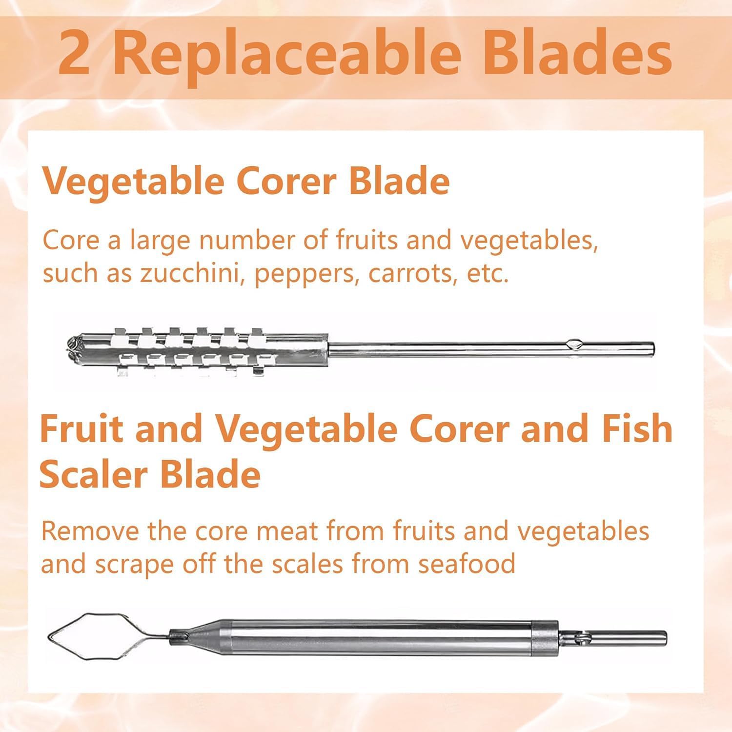 Electric Vegetable Corer, Handheld Kitchen Zucchini Digging Corer, Rechargeable Stainless Steel Fruit Seafood Corer with 2 Heads, Scraping Scale & Descaling Tool