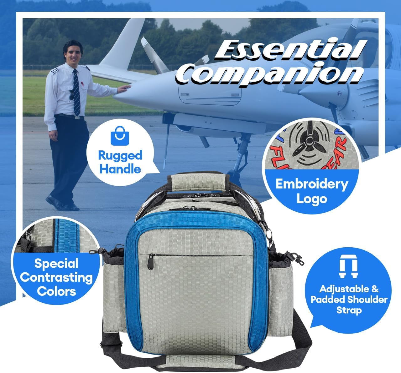 Pilot Flight Bag – Compact Aviation Headset & iPad/Tablet Bag with Multi-Pocket Storage, Shoulder Strap, Honeycomb Nylon (Gray/Blue) - Image 6