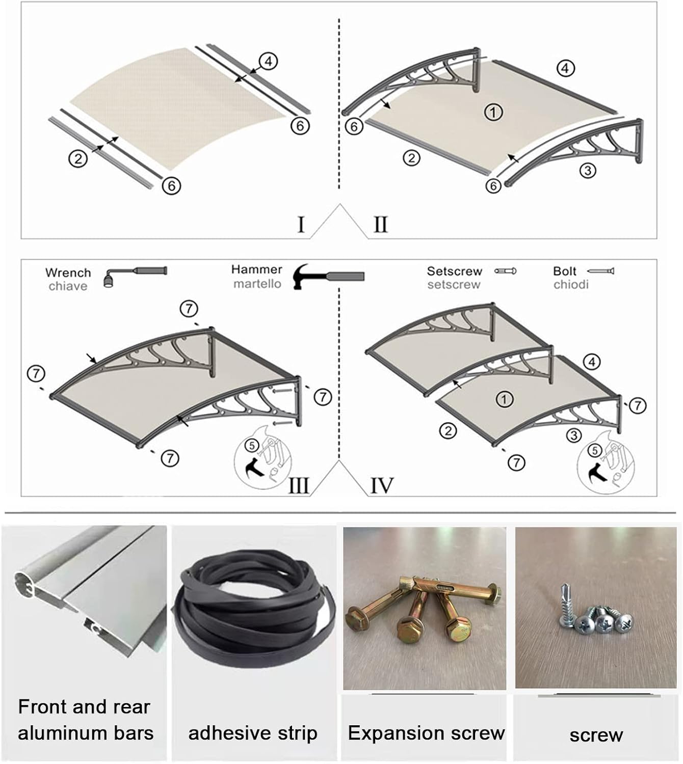 Outdoor Awning Front Door Canopy Polycarbonate Window Awning,Snow and Uv Protection Porch Awning Rain Shelter Cover,Arched Clear Canopy/Silver Grey Aluminum Brackets (60x120cm/24 x47)