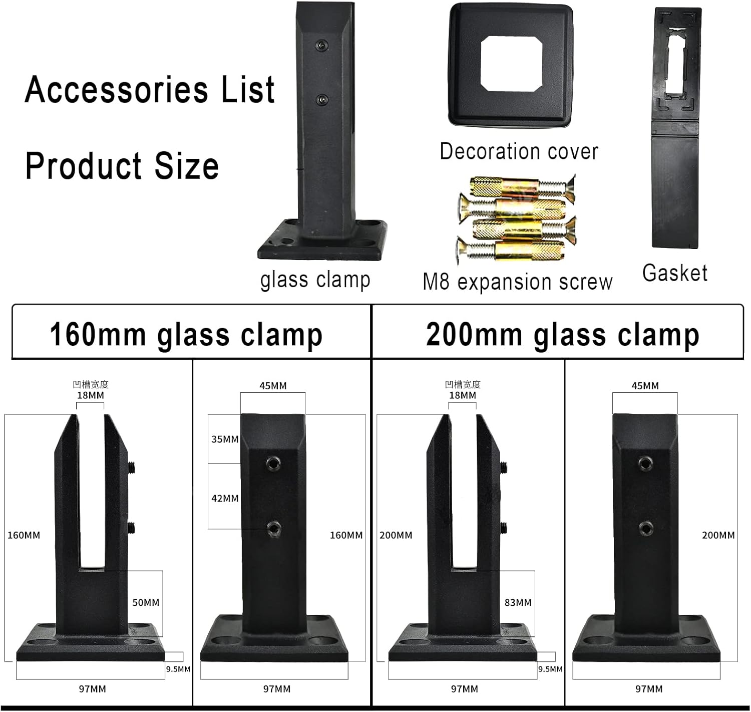 304 Stainless Steel Square Glass Spigots Clamp, Adjustable 10-12mm Glass, With expansion Bolt and accessories, Balustrade Stairs Railing Pool Balcony Fence Floor Clamp,160mm