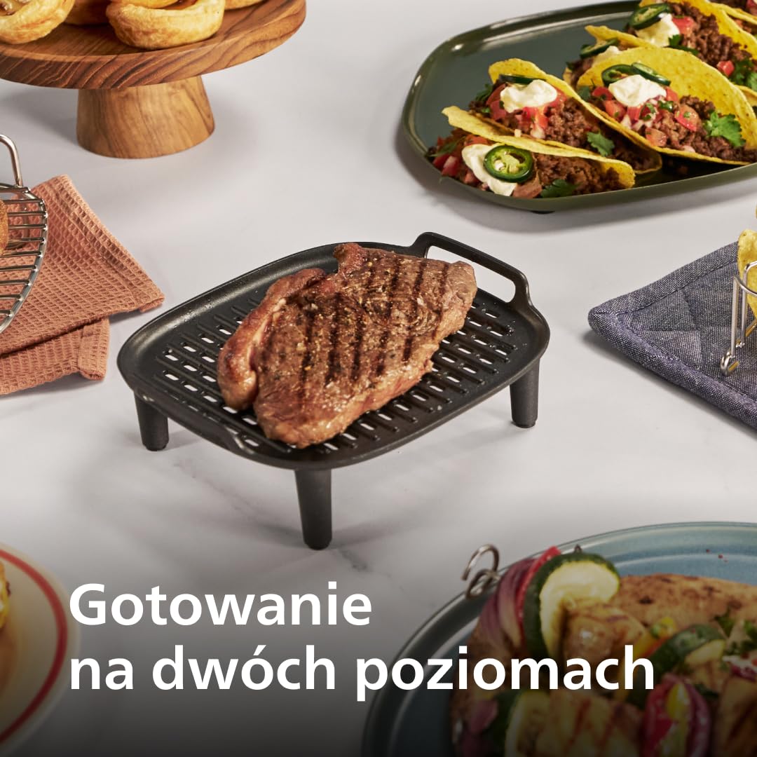 Philips Airfryer Akcesoria do Grilla - Dla Modeli 3,2 l i 4,2 l, Płyta nieprzywierająca, 4 Szpikulce, Łatwe Czyszczenie, Przepisy w Aplikacji, Większa Pojemność (HD9926/00)