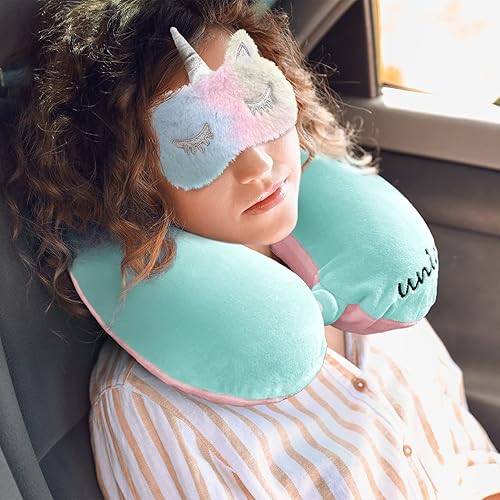 Miniatura 7 de Almohada de viaje para el cuello para niños, almohada de espuma viscoelástica de avión de unicornio con bonita máscara de sueño y tapones para los