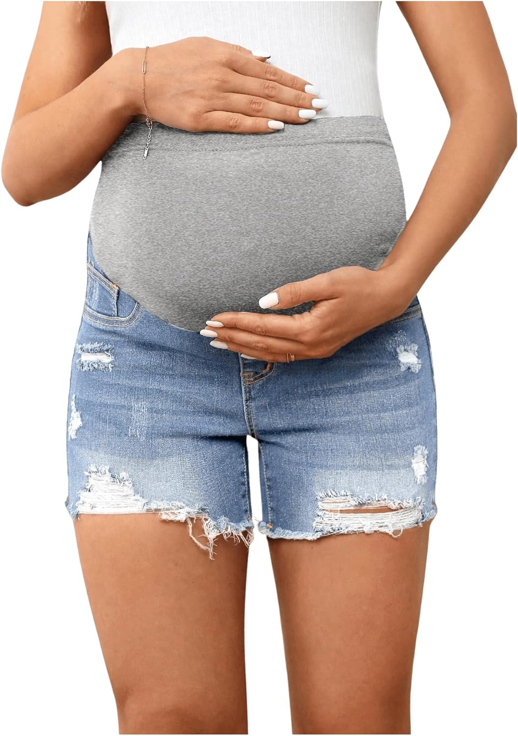 BEAUDRM Women's Maternity Ripped Raw Hem Skinny Shorts Elastic Waist Jeans Pregnant Denim Shorts