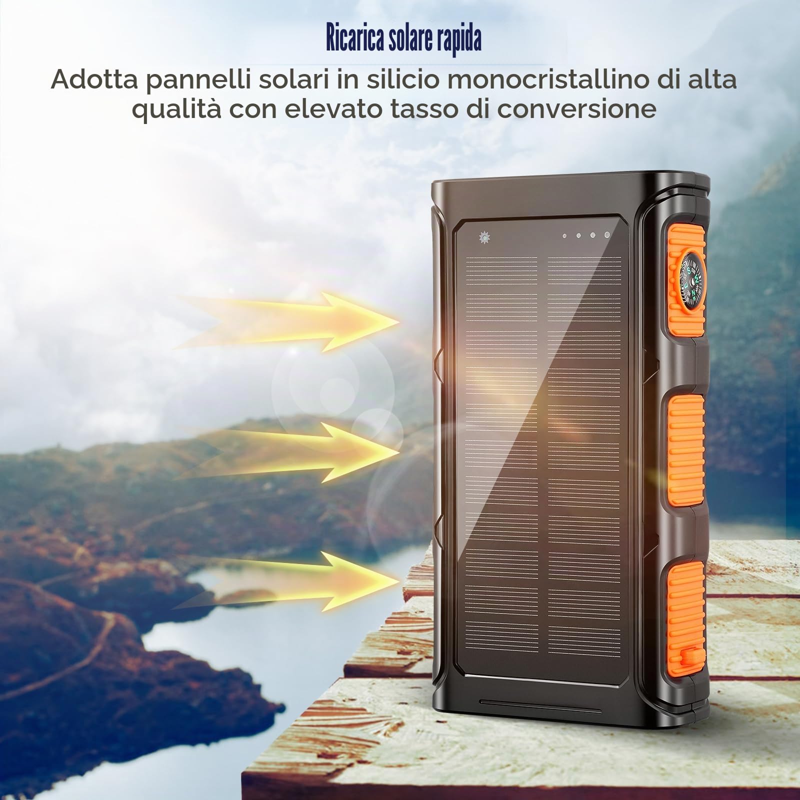 Power Bank Wireless Solar 26800 mAh con 4 cavi, generatori esterni, 3 A, ricarica rapida, 6 ingressi e 3 uscite, luce di emergenza a LED e bussola, pannello solare impermeabile anti-caduta per viaggi