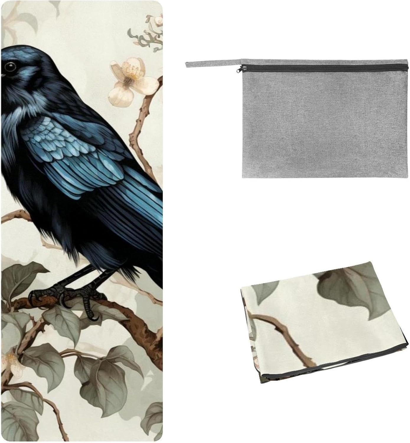 Yoga Towel, Black Crow Pattern Non Slip Sweat Absorbent Hot Yoga Mat Towel for Hot Yoga, Pilates and Fitness - 72.8" x 26.8"