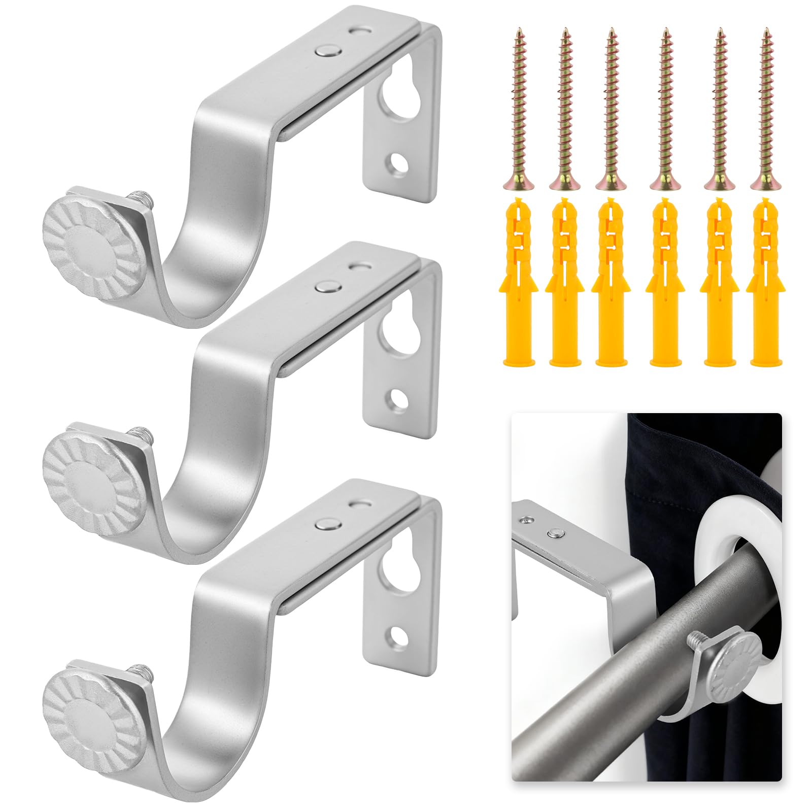 3 Pcs Curtain Pole Brackets, Adjustable Curtain Rod Brackets with 6 Screws and 6 Anchors, Heavy Duty Curtain Rod Holders for Bedroom, Office, Bathrooms (Silver)