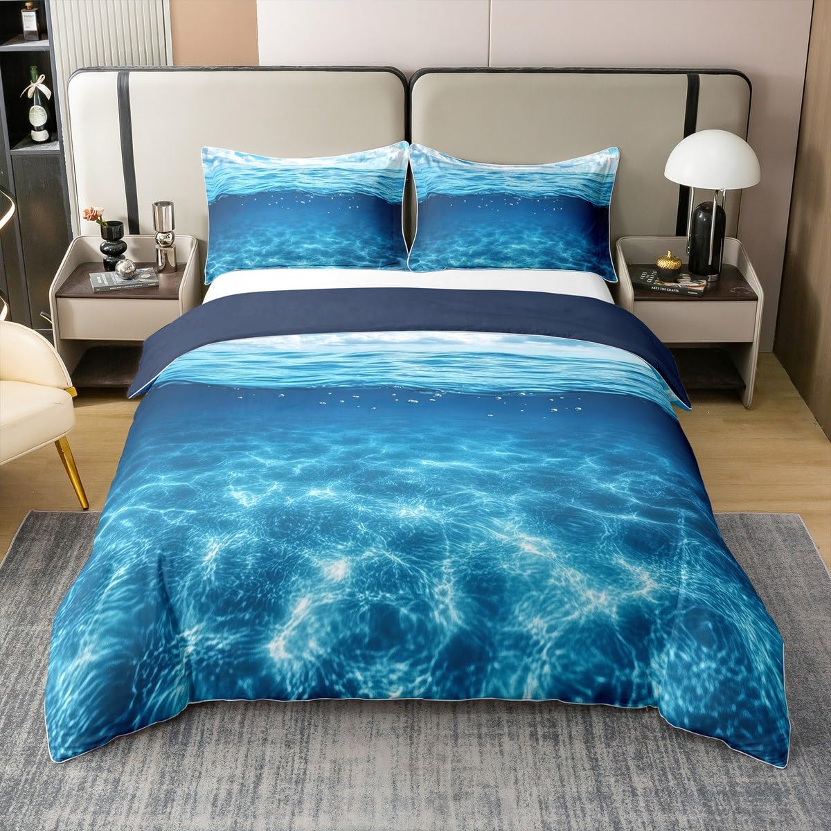Housse de couette coton motif océan tropical Manfei avec sa taie d'oreiller pour lit simple